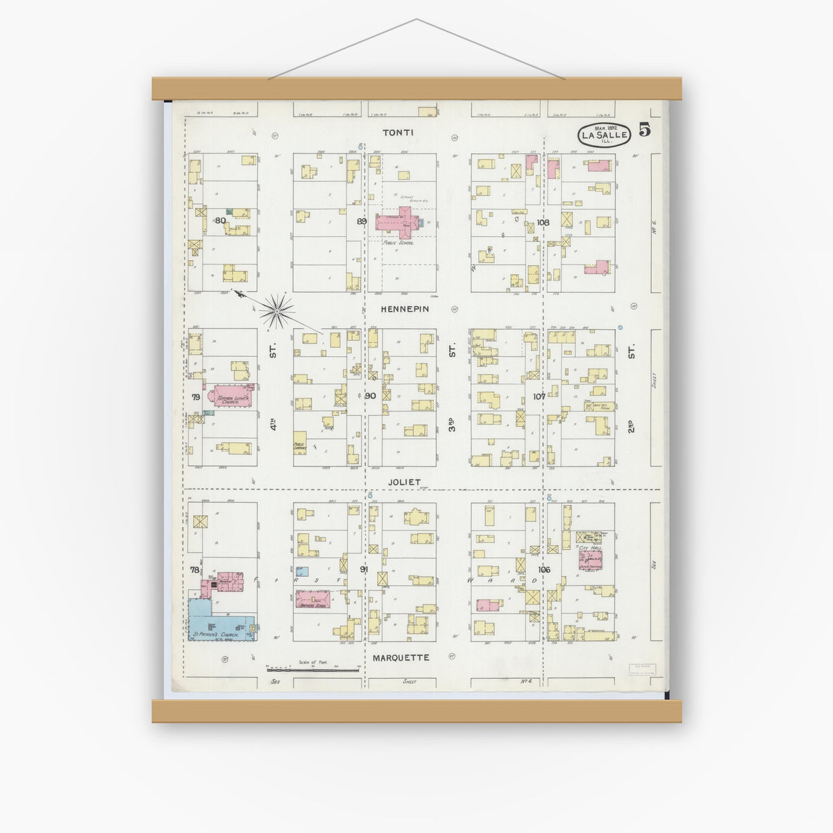 Old map wall art mockup — magnetic wood frame on white wall — Sanborn Fire Insurance Map from La Salle, La Salle County, Illinois (1892), Sheet #0005