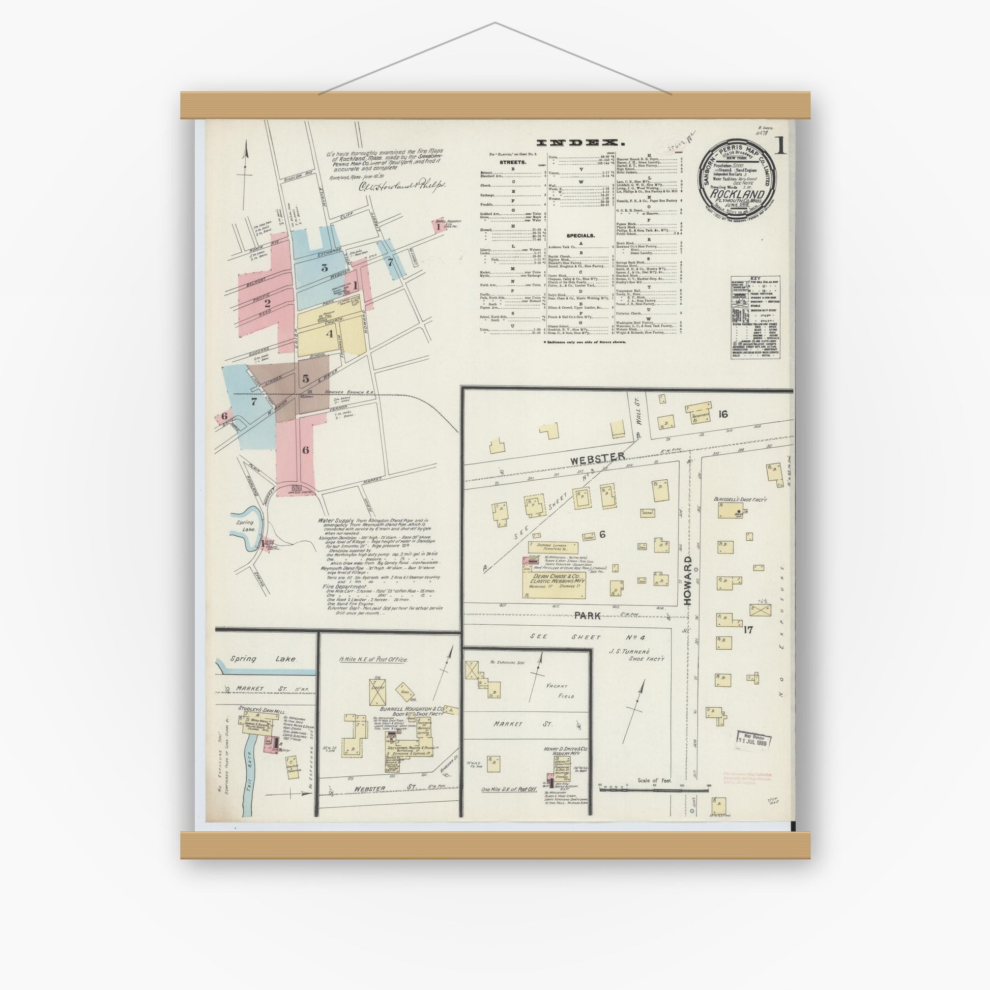 Old map wall art mockup — magnetic wood frame on white wall — Sanborn Fire Insurance Map from Rockland, Plymouth County, Massachusetts (1891), Sheet #0001