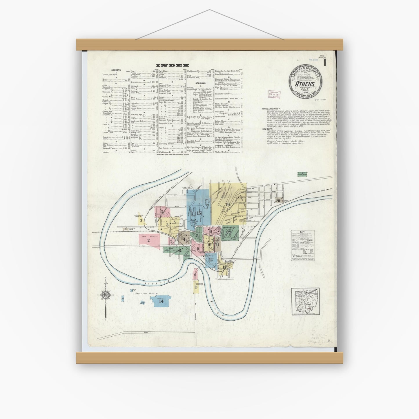 Old map wall art mockup — magnetic wood frame on white wall — Sanborn Fire Insurance Map from Athens, Athens County, Ohio (1914) - Complete Map Set