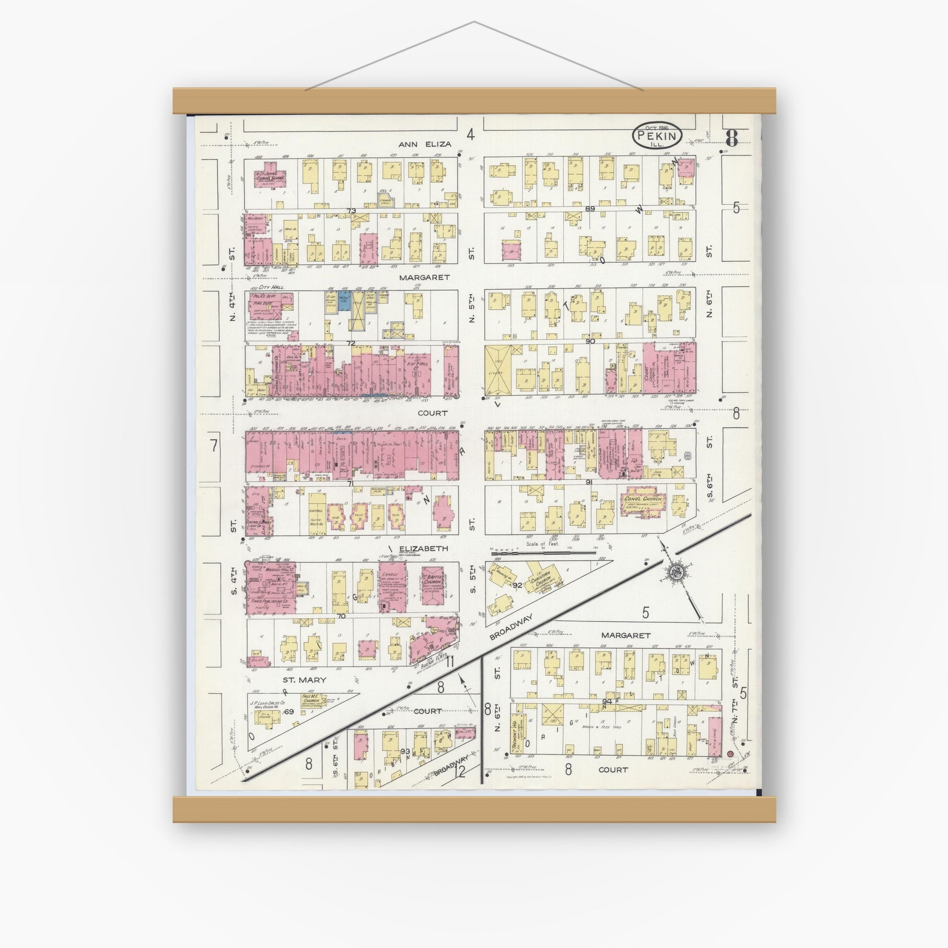 Old map wall art mockup — magnetic wood frame on white wall — Sanborn Fire Insurance Map from Pekin, Tazewell County, Illinois (1916), Sheet #0008