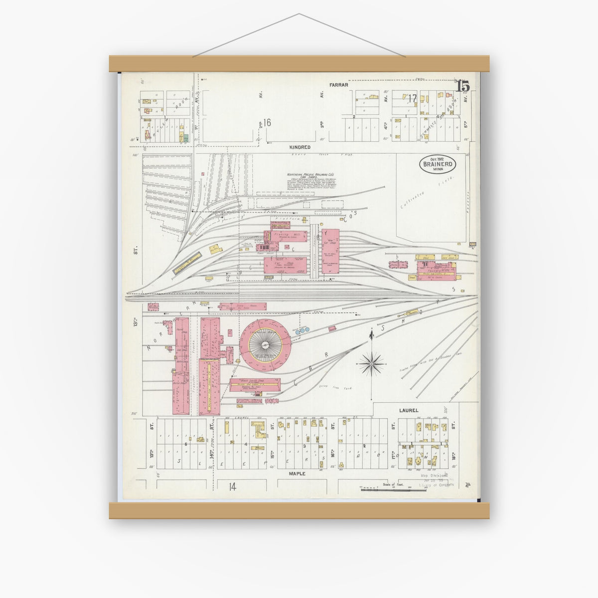 Old map wall art mockup — magnetic wood frame on white wall — Sanborn Fire Insurance Map from Brainerd, Crow Wing County, Minnesota (1902), Sheet #0015