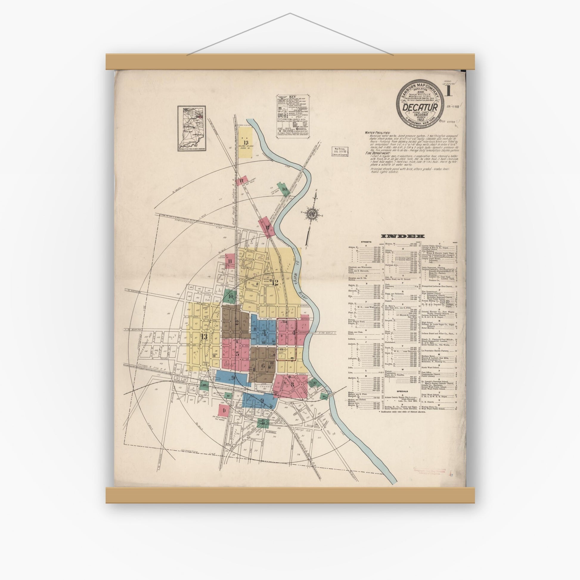 Old map wall art mockup — magnetic wood frame on white wall — Sanborn Fire Insurance Map from Decatur, Adams County, Indiana (1922) - Complete Map Set