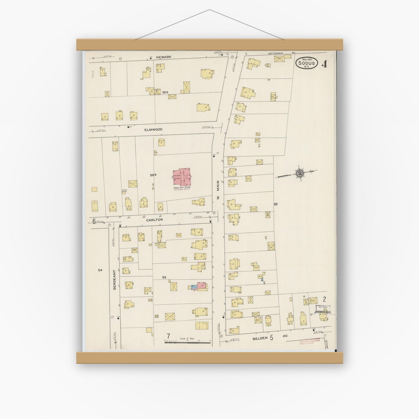 Old map wall art mockup — magnetic wood frame on white wall — Sanborn Fire Insurance Map from Sodus, Wayne County, New York (1915), Sheet #0004