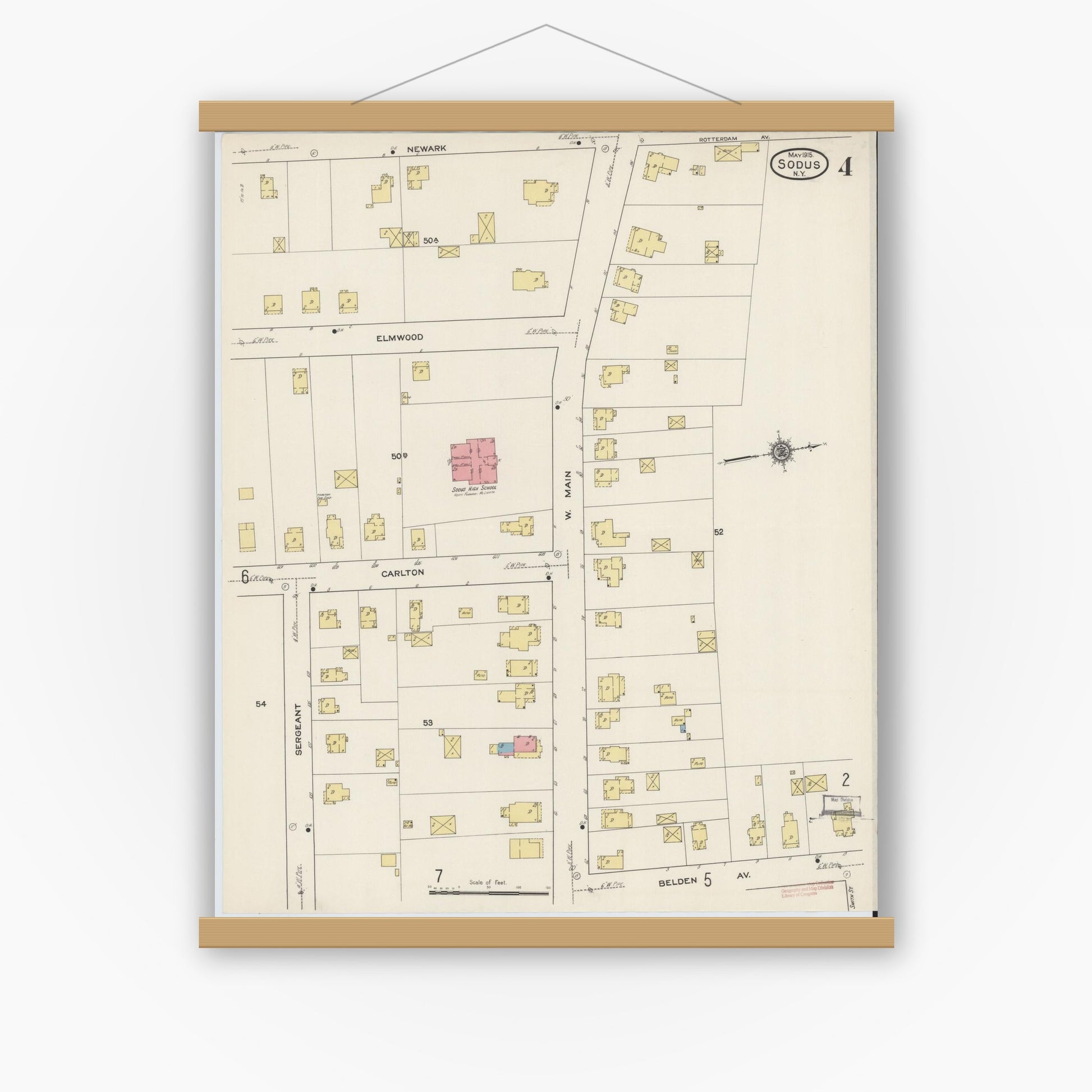 Old map wall art mockup — magnetic wood frame on white wall — Sanborn Fire Insurance Map from Sodus, Wayne County, New York (1915), Sheet #0004