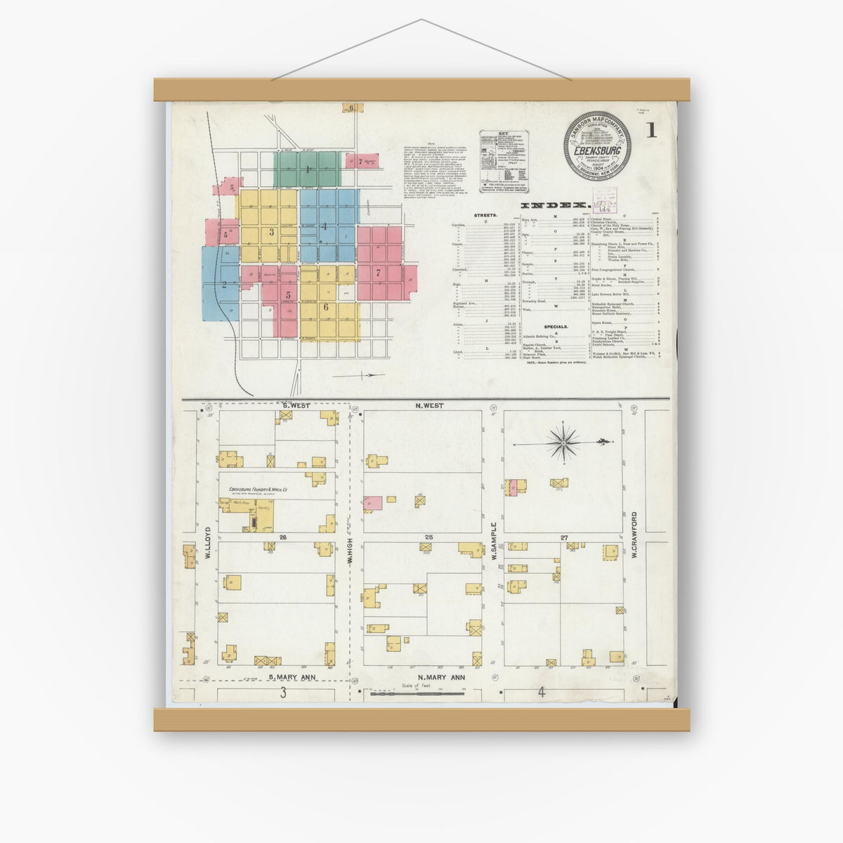 Old map wall art mockup — magnetic wood frame on white wall — Sanborn Fire Insurance Map from Ebensburg, Cambria County, Pennsylvania (1904) - Complete Map Set