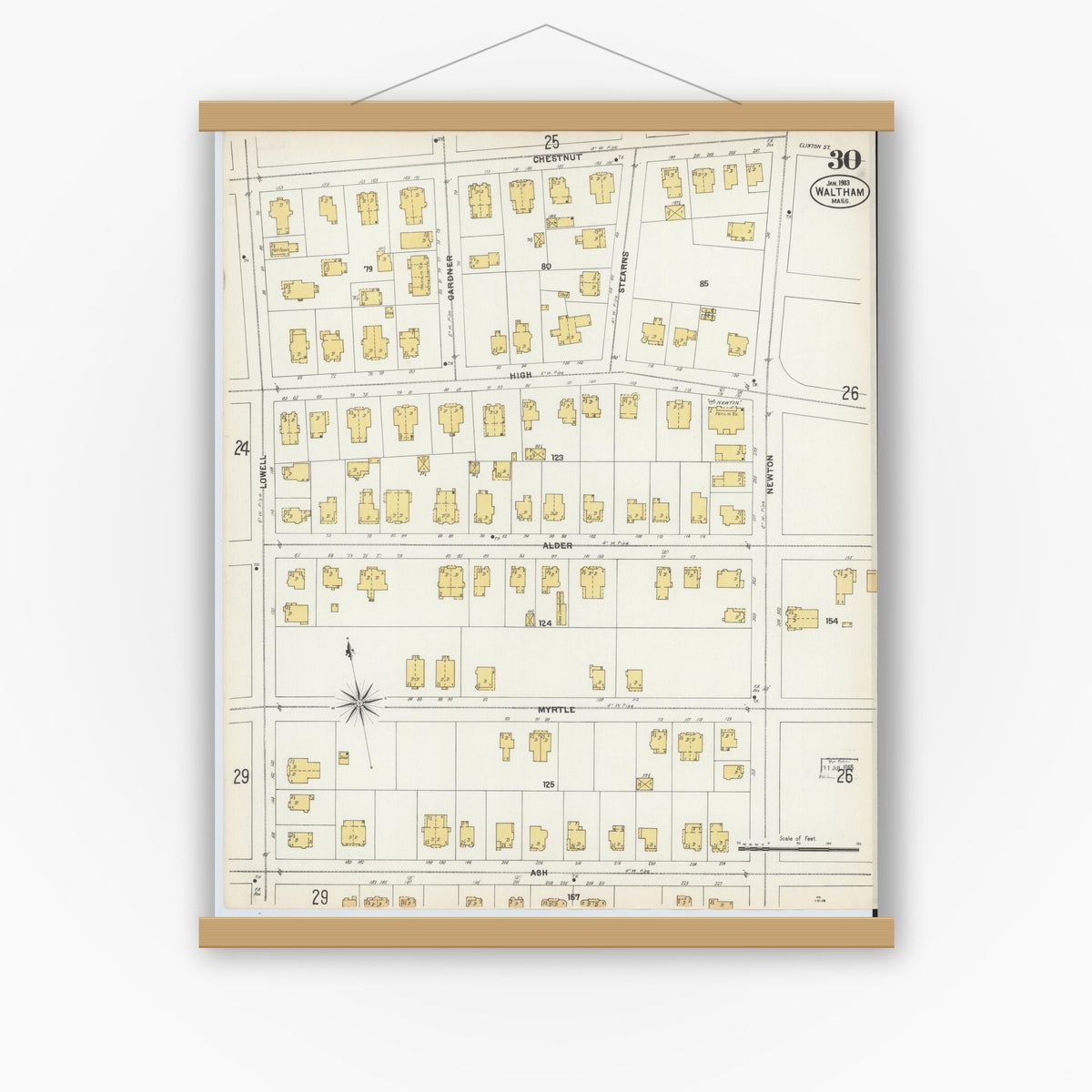Old map wall art mockup — magnetic wood frame on white wall — Sanborn Fire Insurance Map from Waltham, Middlesex County, Massachusetts (1903), Sheet #0030