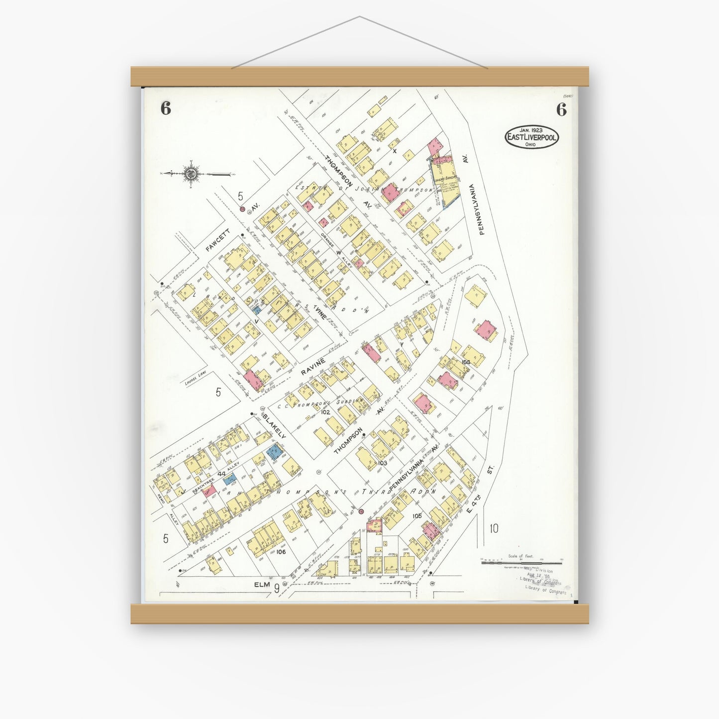 Old map wall art mockup — magnetic wood frame on white wall — Sanborn Fire Insurance Map from East Liverpool, Columbiana County, Ohio (1923), Sheet #0006