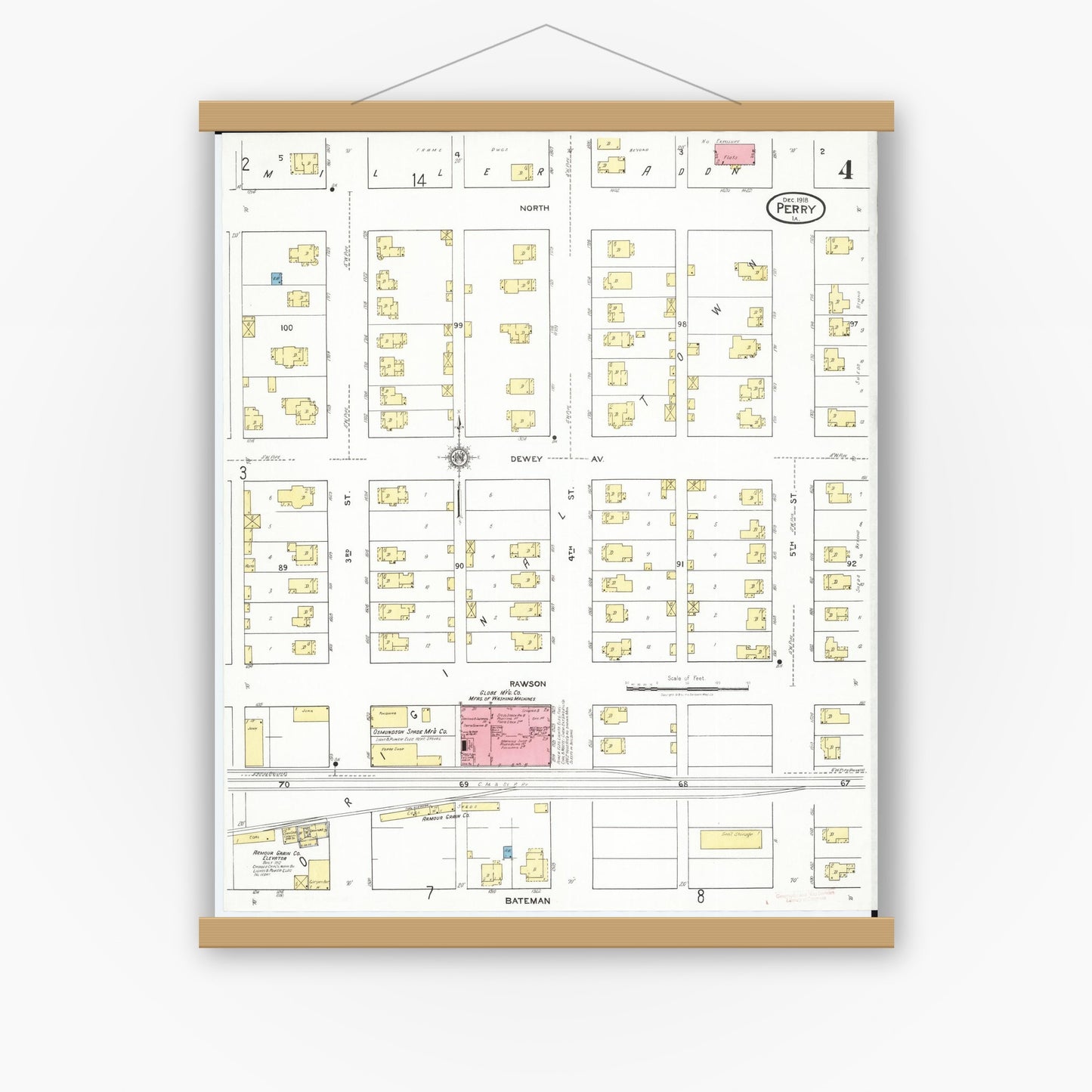 Old map wall art mockup — magnetic wood frame on white wall — Sanborn Fire Insurance Map from Perry, Dallas County, Iowa (1918), Sheet #0004