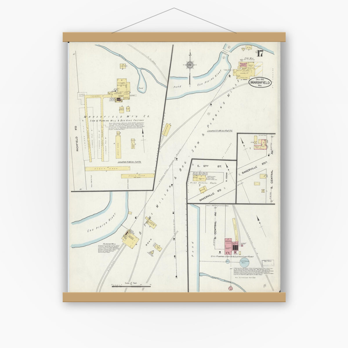 Old map wall art mockup — magnetic wood frame on white wall — Sanborn Fire Insurance Map from Marshfield, Wood County, Wisconsin (1912), Sheet #0017