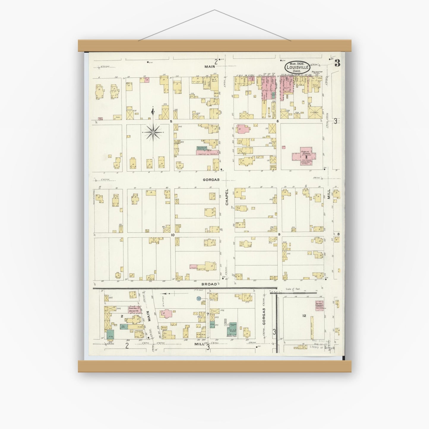 Old map wall art mockup — magnetic wood frame on white wall — Sanborn Fire Insurance Map from Louisville, Stark County, Ohio (1908), Sheet #0003