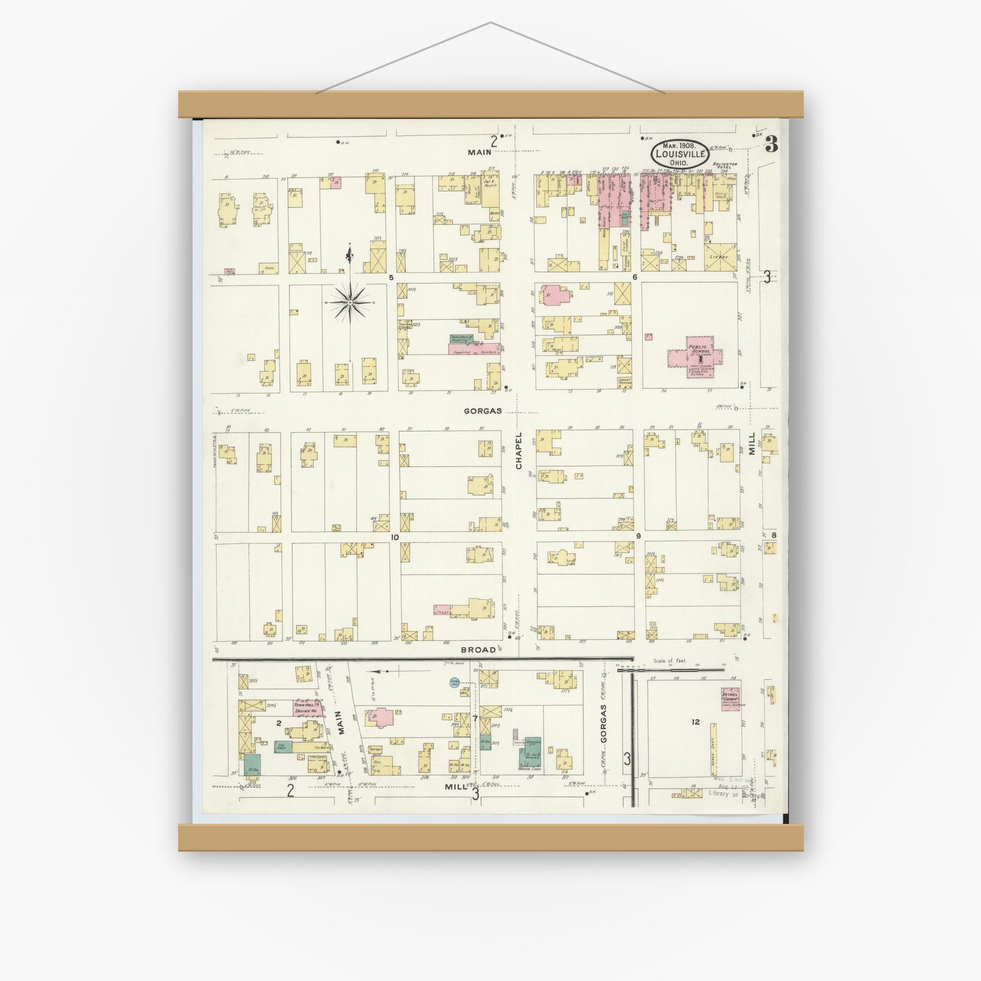 Old map wall art mockup — magnetic wood frame on white wall — Sanborn Fire Insurance Map from Louisville, Stark County, Ohio (1908), Sheet #0003