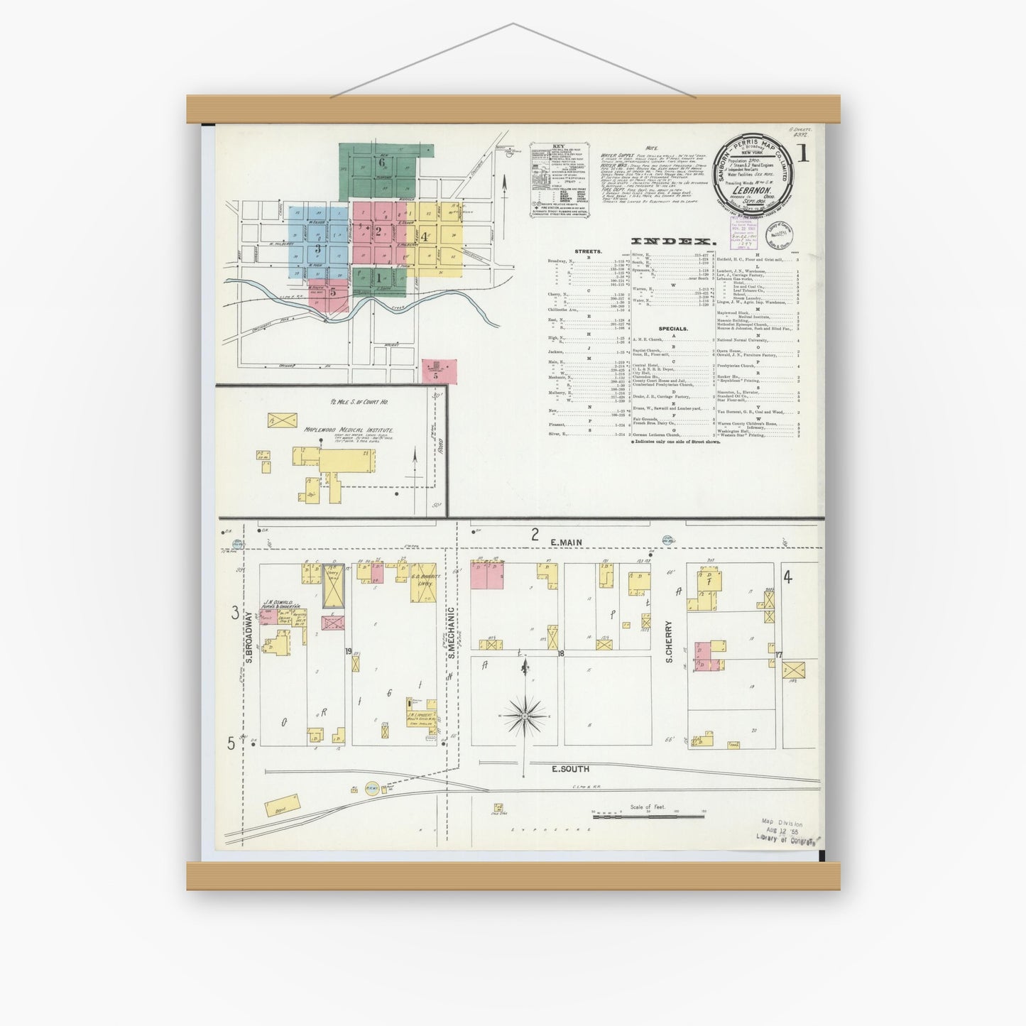 Old map wall art mockup — magnetic wood frame on white wall — Sanborn Fire Insurance Map from Lebanon, Warren County, Ohio (1901), Sheet #0001