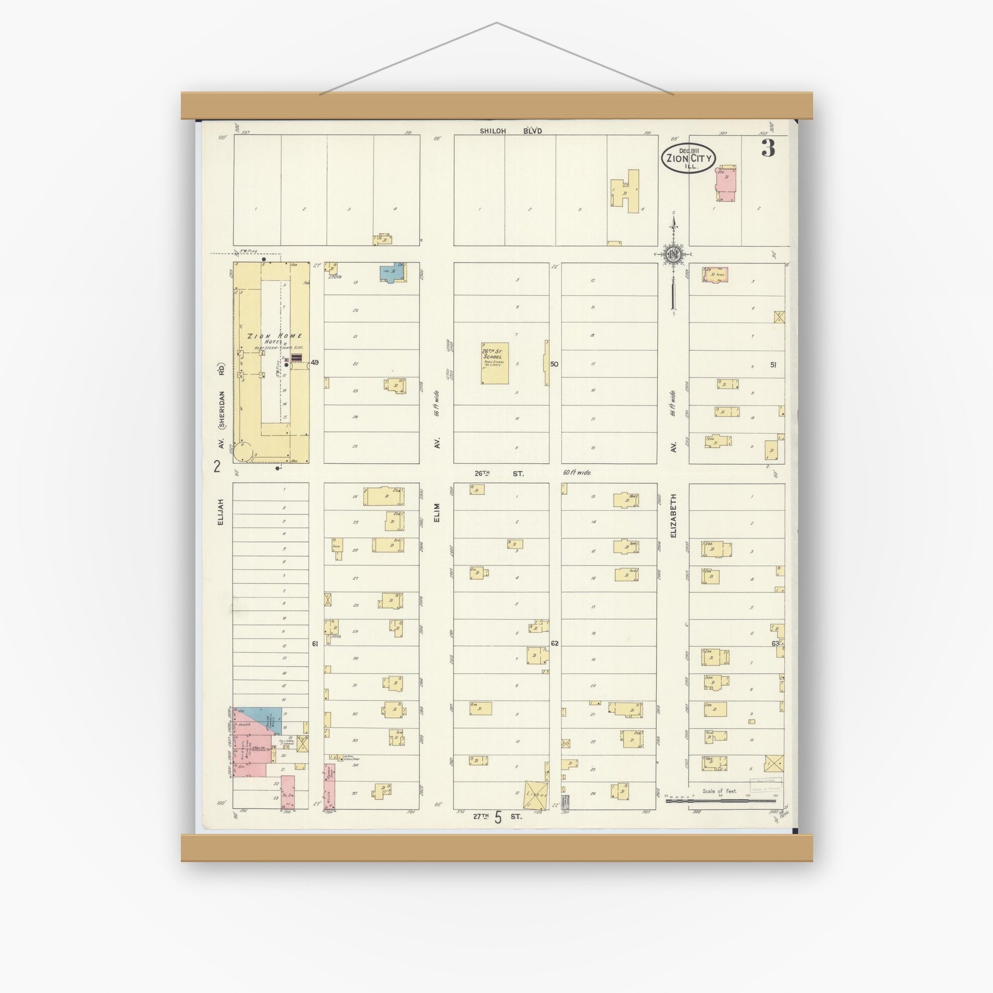 Old map wall art mockup — magnetic wood frame on white wall — Sanborn Fire Insurance Map from Zion, Lake County, Illinois (1911), Sheet #0003