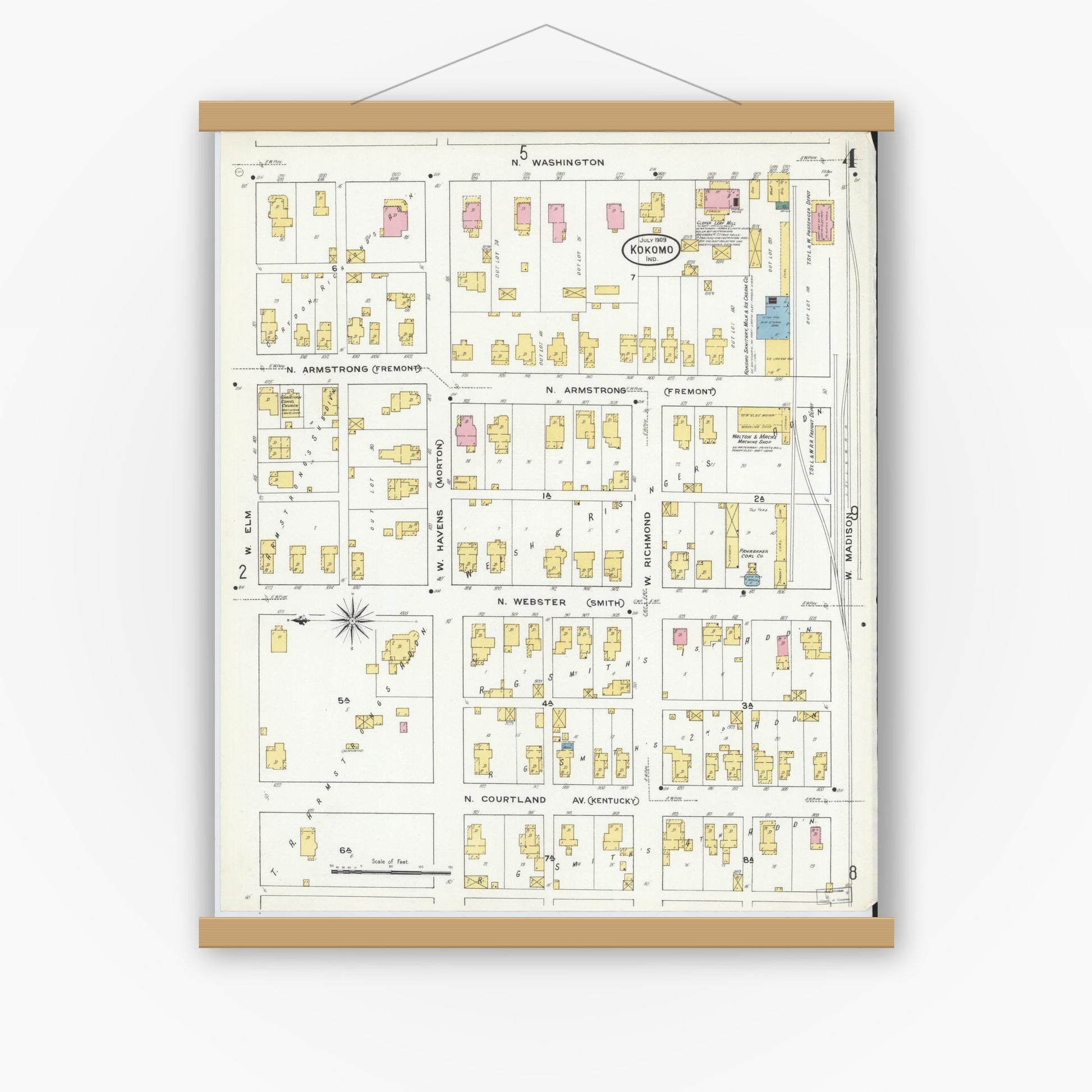 Old map wall art mockup — magnetic wood frame on white wall — Sanborn Fire Insurance Map from Kokomo, Howard County, Indiana (1909), Sheet #0004