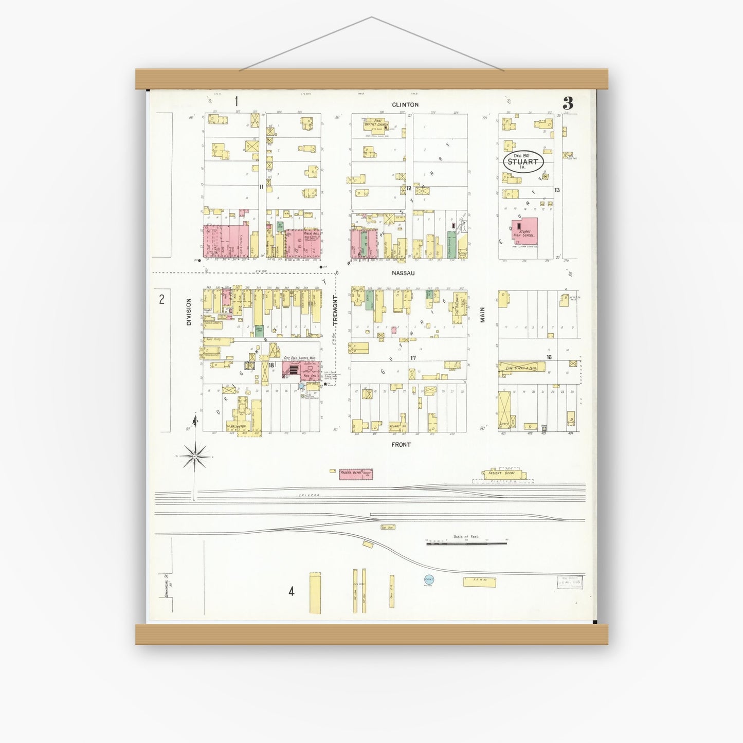 Old map wall art mockup — magnetic wood frame on white wall — Sanborn Fire Insurance Map from Stuart, Guthrie and Adair Counties, Iowa (1901), Sheet #0003