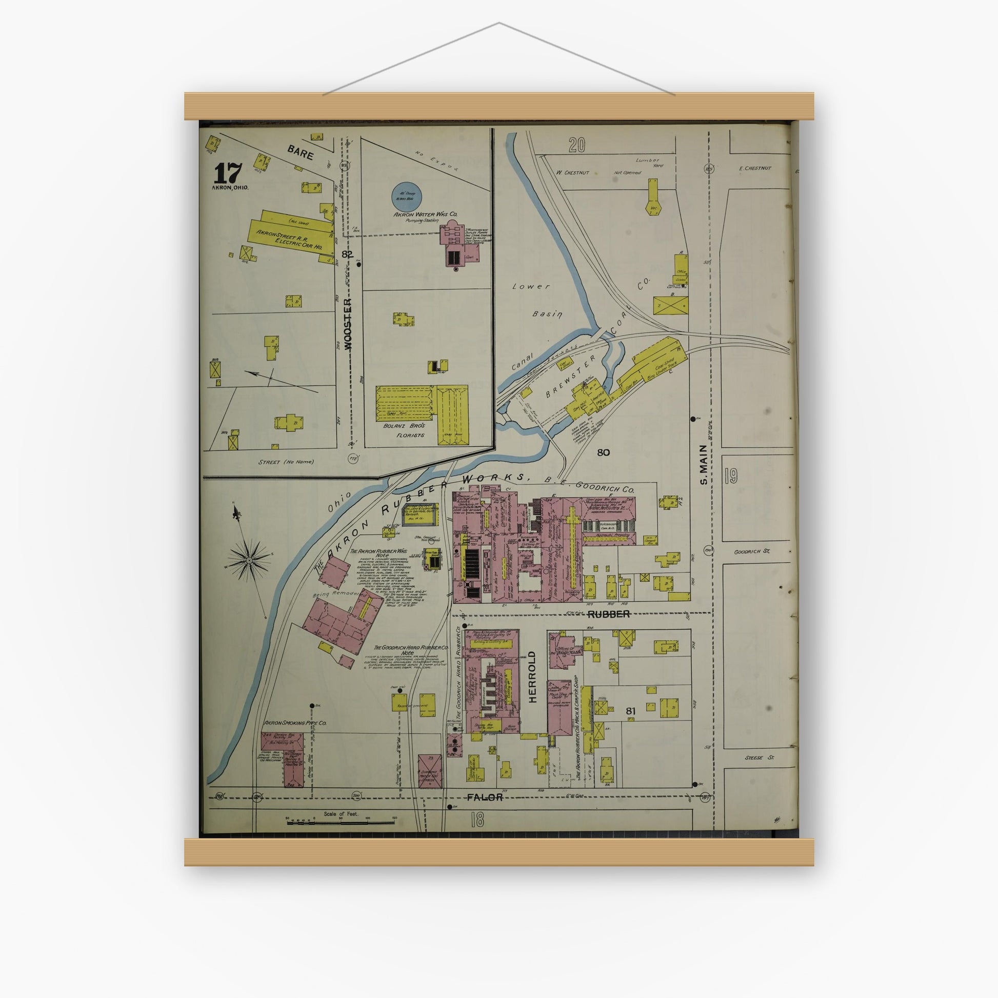 Old map wall art mockup — magnetic wood frame on white wall — Sanborn Fire Insurance Map from Akron, Summit County, Ohio (1892), Sheet #0017