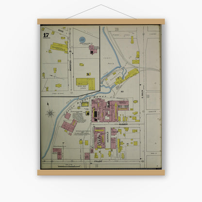 Old map wall art mockup — magnetic wood frame on white wall — Sanborn Fire Insurance Map from Akron, Summit County, Ohio (1892), Sheet #0017