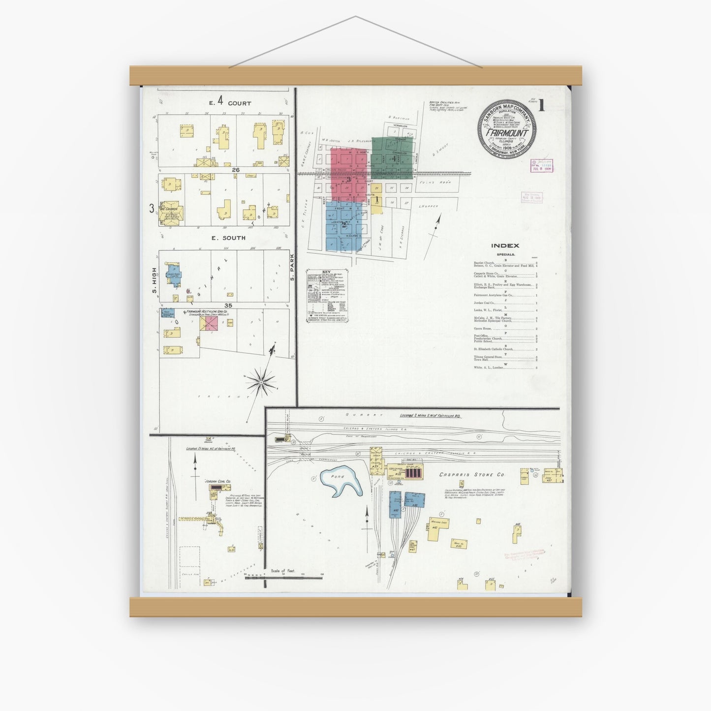 Old map wall art mockup — magnetic wood frame on white wall — Sanborn Fire Insurance Map from Fairmount, Vermilion County, Illinois (1909), Sheet #0001