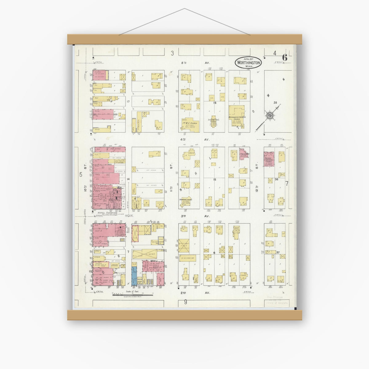 Old map wall art mockup — magnetic wood frame on white wall — Sanborn Fire Insurance Map from Worthington, Nobles County, Minnesota (1917), Sheet #0006