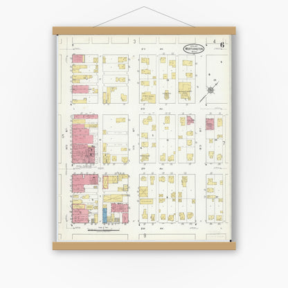 Old map wall art mockup — magnetic wood frame on white wall — Sanborn Fire Insurance Map from Worthington, Nobles County, Minnesota (1917), Sheet #0006
