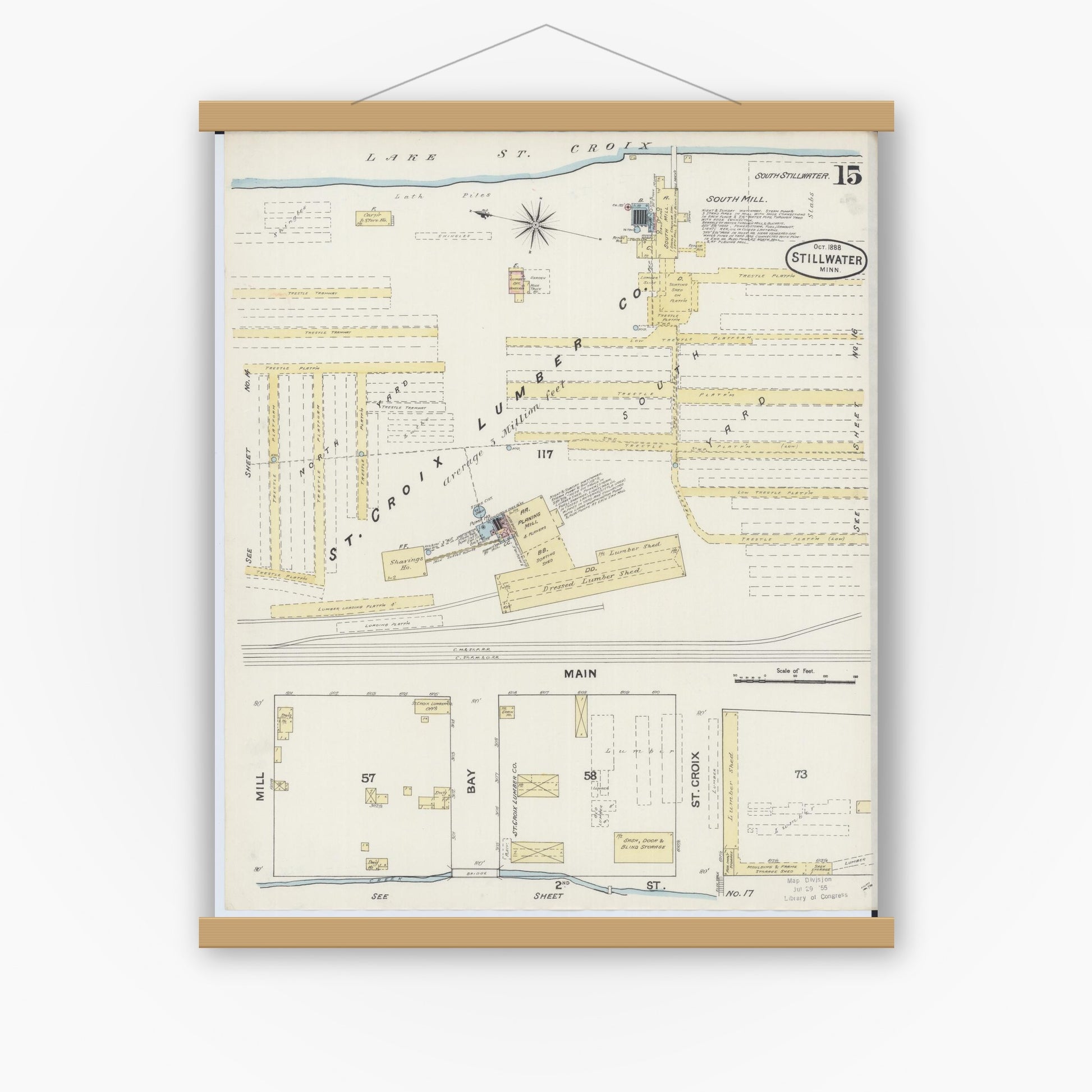 Old map wall art mockup — magnetic wood frame on white wall — Sanborn Fire Insurance Map from Stillwater, Washington County, Minnesota (1888), Sheet #0015