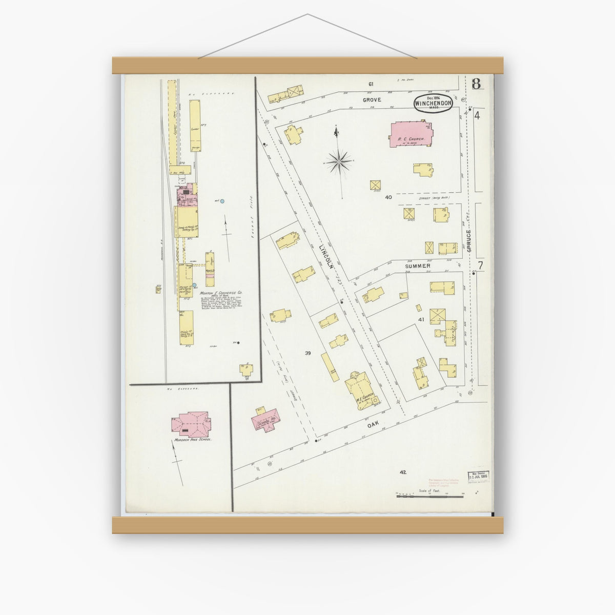 Old map wall art mockup — magnetic wood frame on white wall — Sanborn Fire Insurance Map from Winchendon, Worcester County, Massachusetts (1896), Sheet #0008