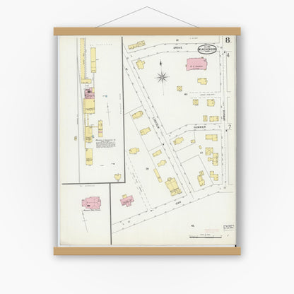 Old map wall art mockup — magnetic wood frame on white wall — Sanborn Fire Insurance Map from Winchendon, Worcester County, Massachusetts (1896), Sheet #0008