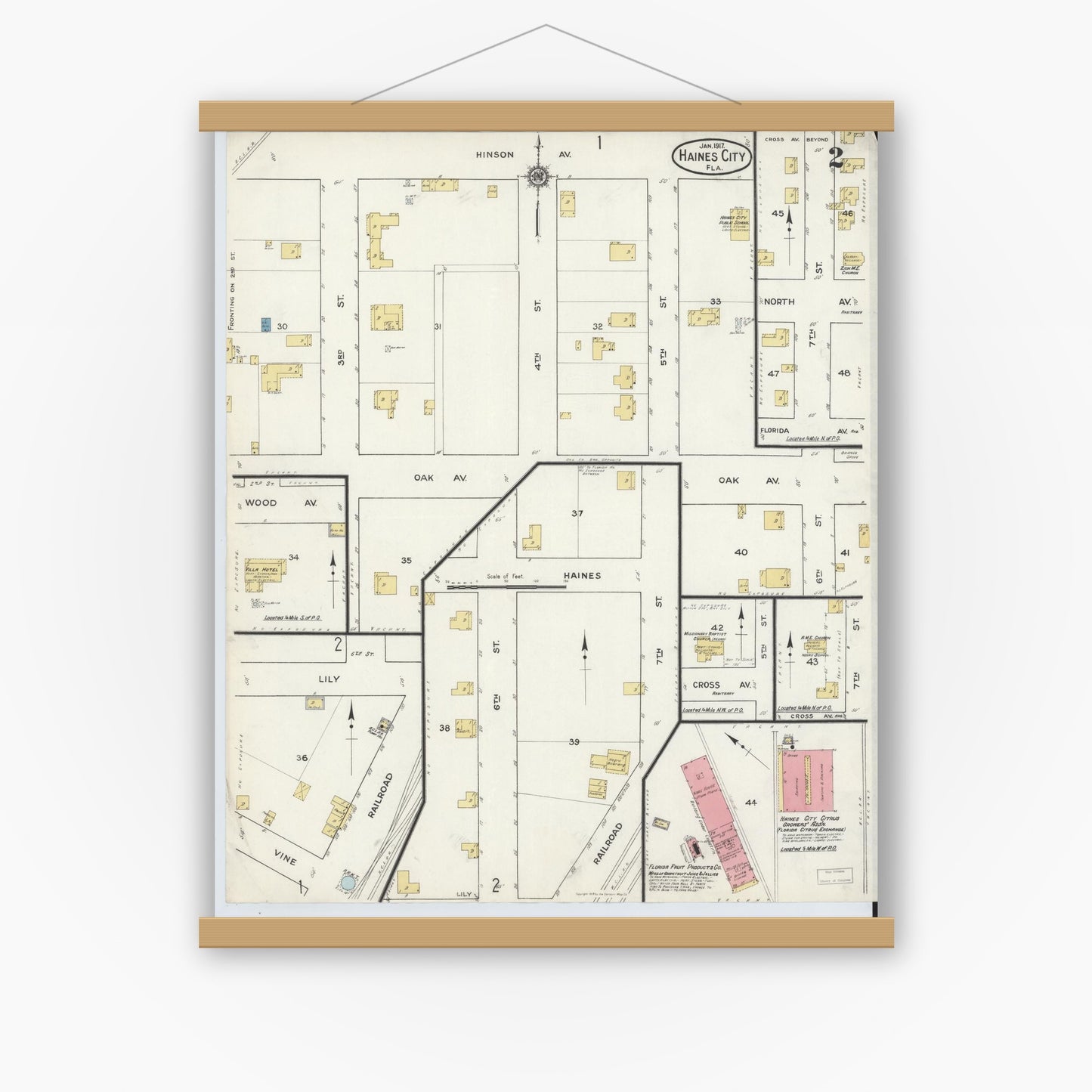 Old map wall art mockup — magnetic wood frame on white wall — Sanborn Fire Insurance Map from Haines City, Polk County, Florida (1917), Sheet #0002