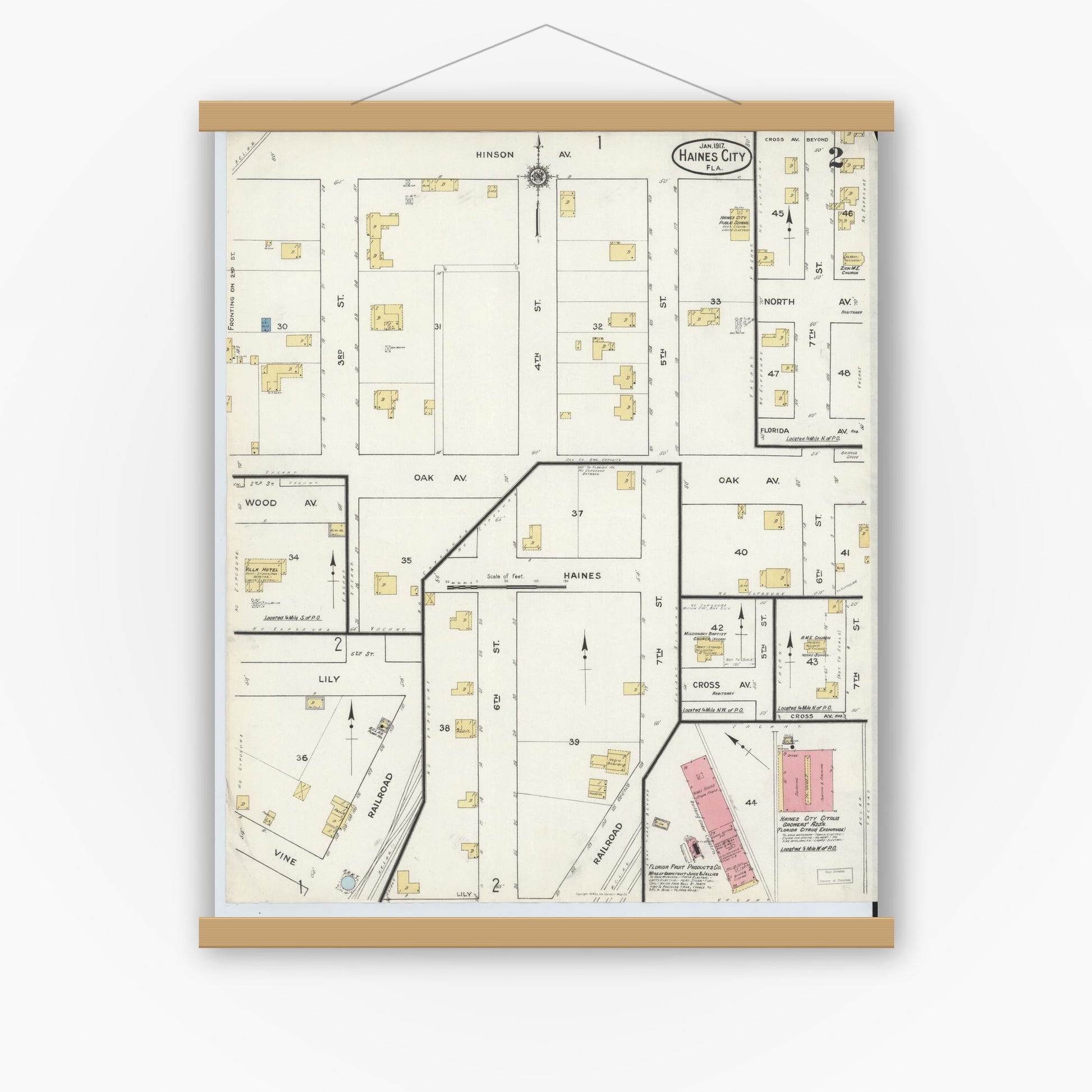 Old map wall art mockup — magnetic wood frame on white wall — Sanborn Fire Insurance Map from Haines City, Polk County, Florida (1917), Sheet #0002