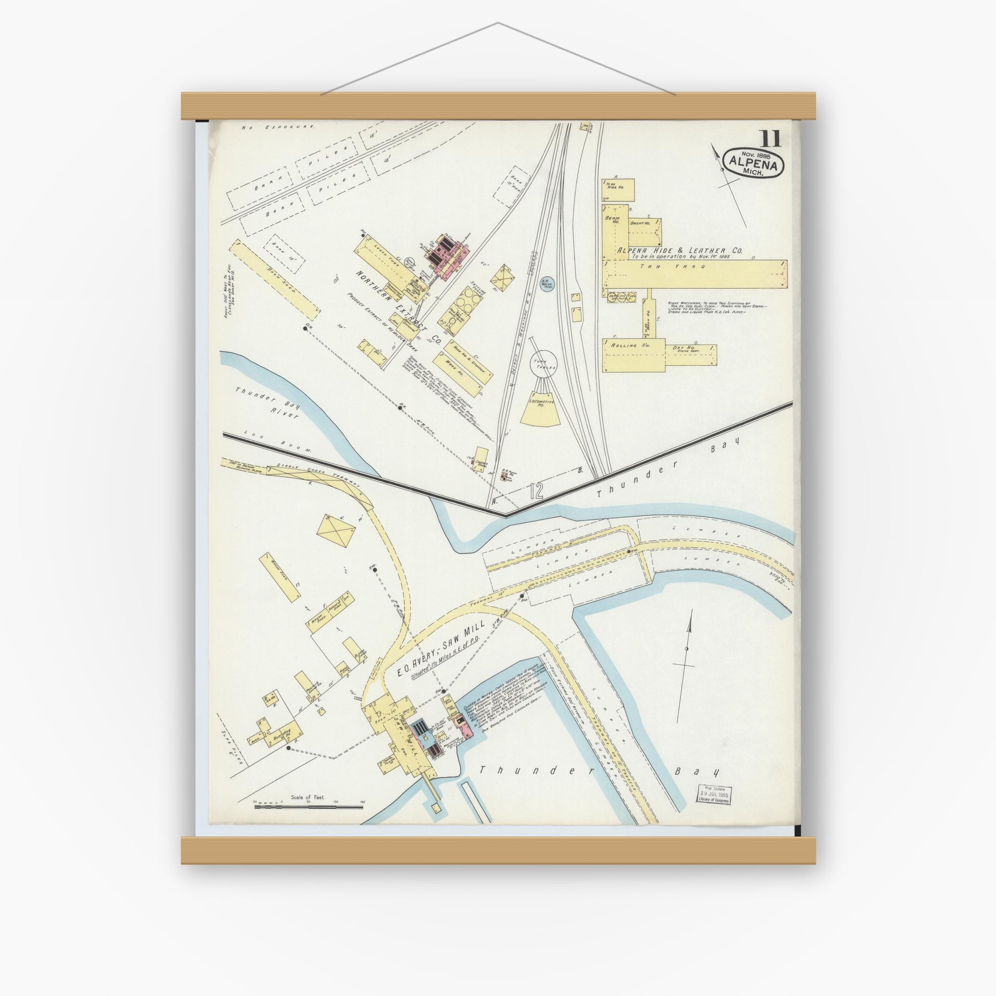 Old map wall art mockup — magnetic wood frame on white wall — Sanborn Fire Insurance Map from Alpena, Alpena County, Michigan (1895), Sheet #0011