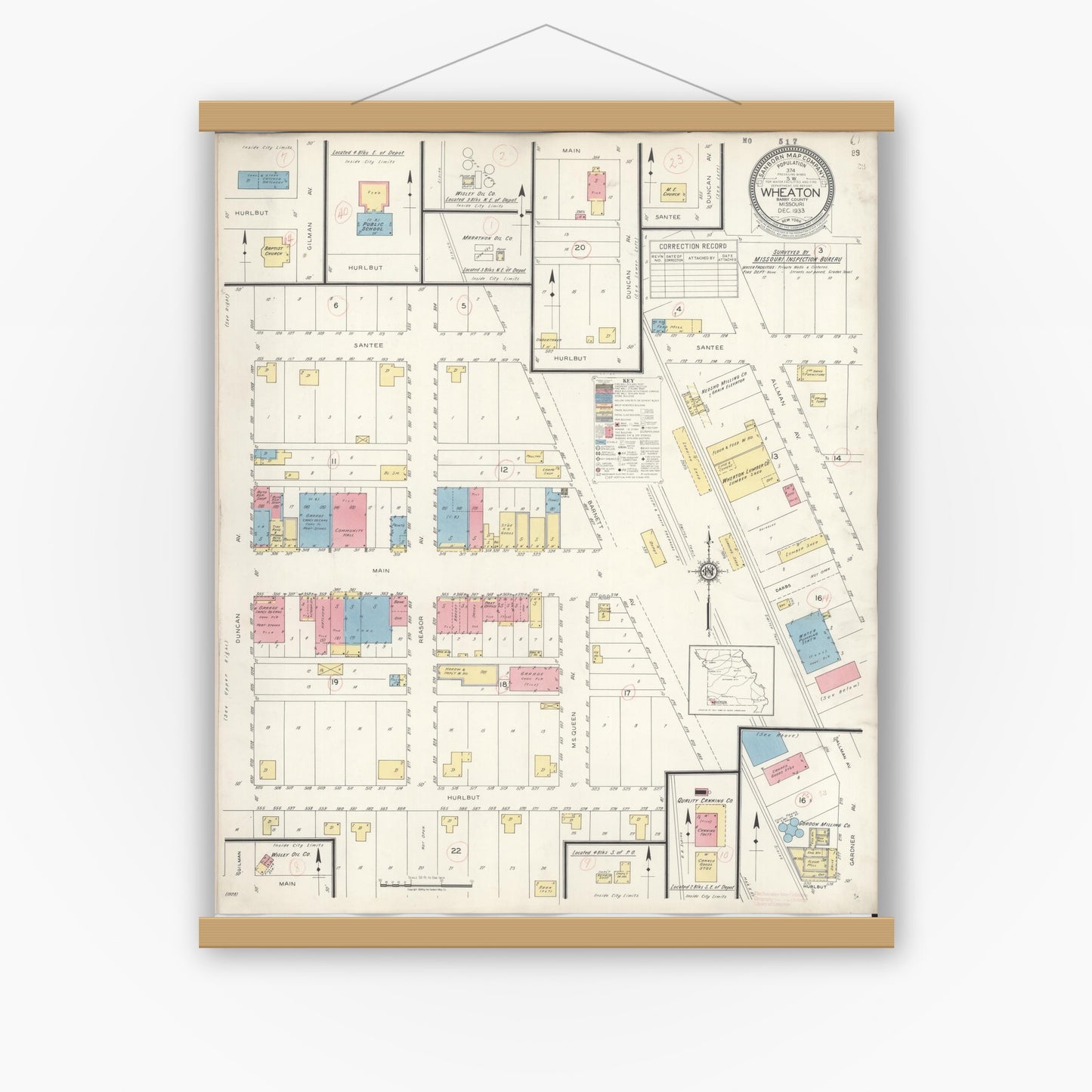 Old map wall art mockup — magnetic wood frame on white wall — Sanborn Fire Insurance Map from Wheaton, Barry County, Missouri (1933), Sheet #0001