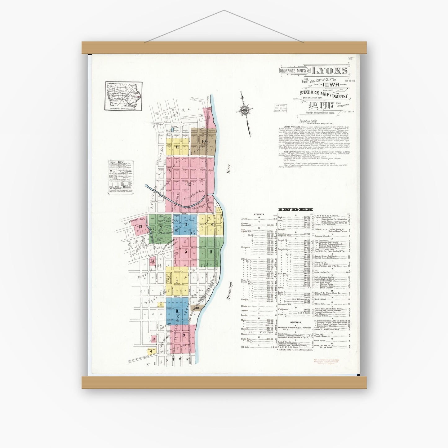 Old map wall art mockup — magnetic wood frame on white wall — Sanborn Fire Insurance Map from Lyons, Clinton County, Iowa (1917) â€” Complete Set