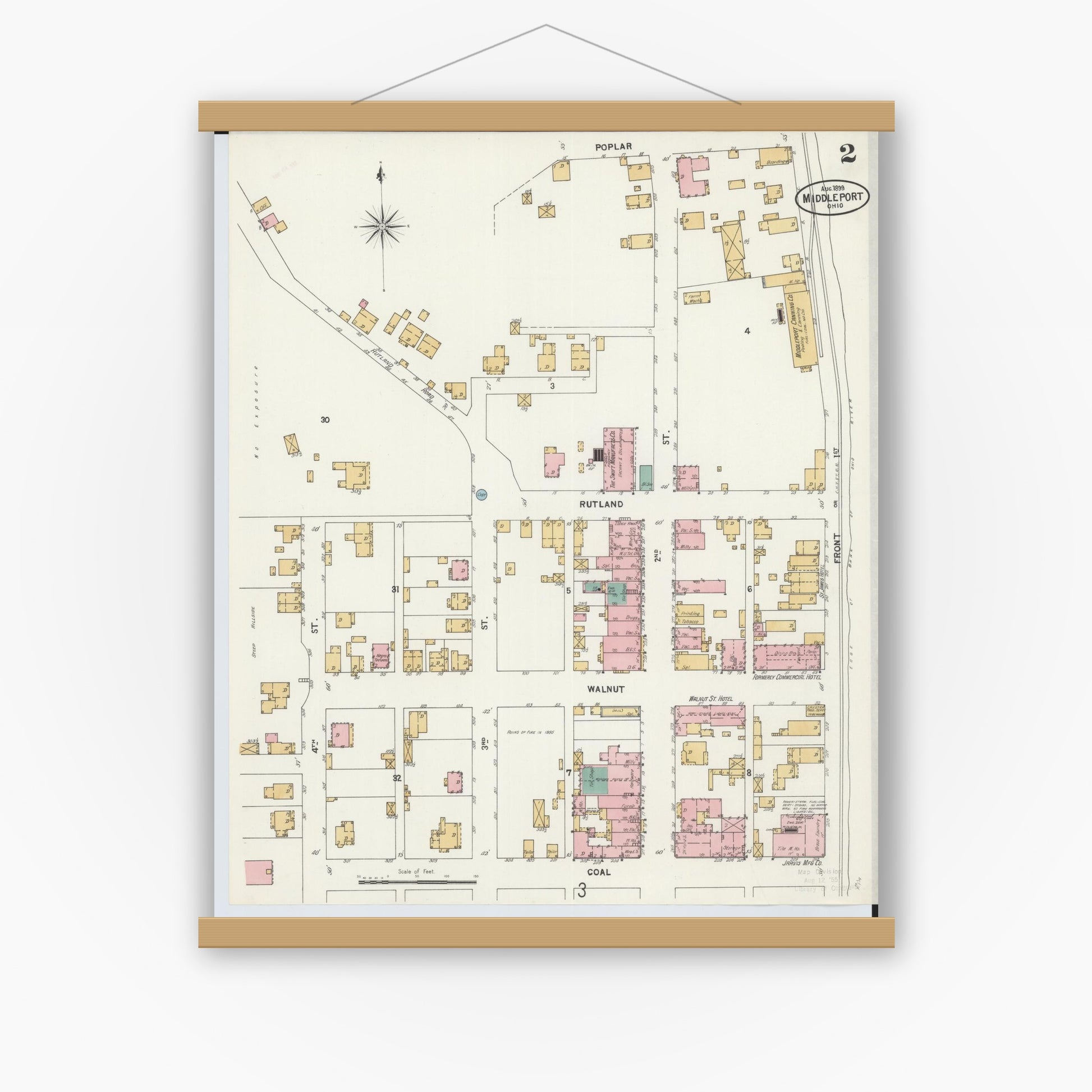 Old map wall art mockup — magnetic wood frame on white wall — Sanborn Fire Insurance Map from Middleport, Meigs County, Ohio (1899), Sheet #0002