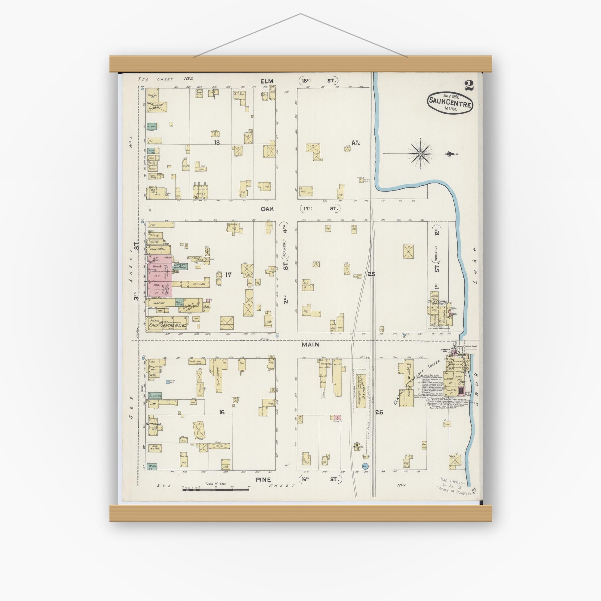 Old map wall art mockup — magnetic wood frame on white wall — Sanborn Fire Insurance Map from Sauk Centre, Stearns County, Minnesota (1890), Sheet #0002