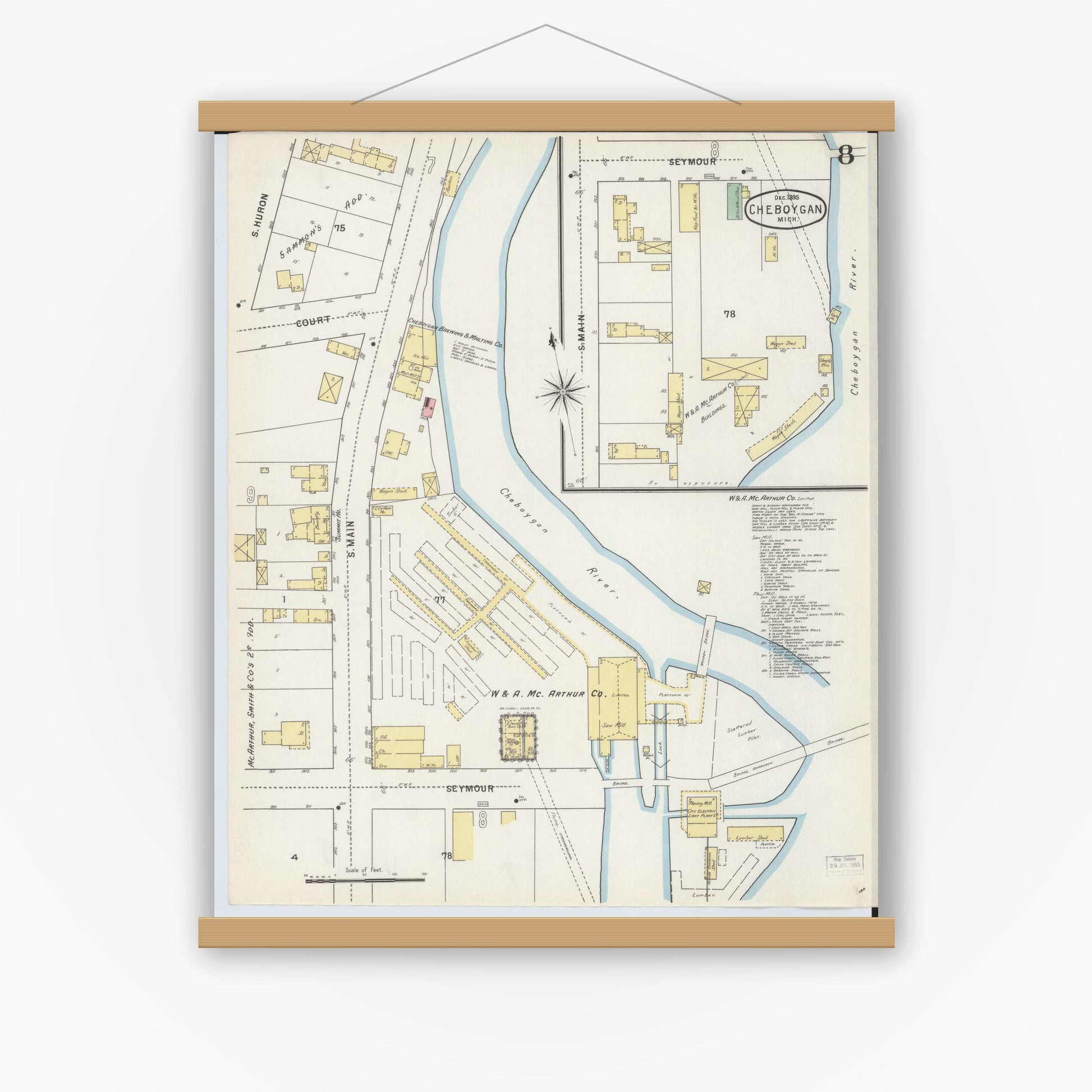 Old map wall art mockup — magnetic wood frame on white wall — Sanborn Fire Insurance Map from Cheboygan, Cheboygan County, Michigan (1895), Sheet #0008