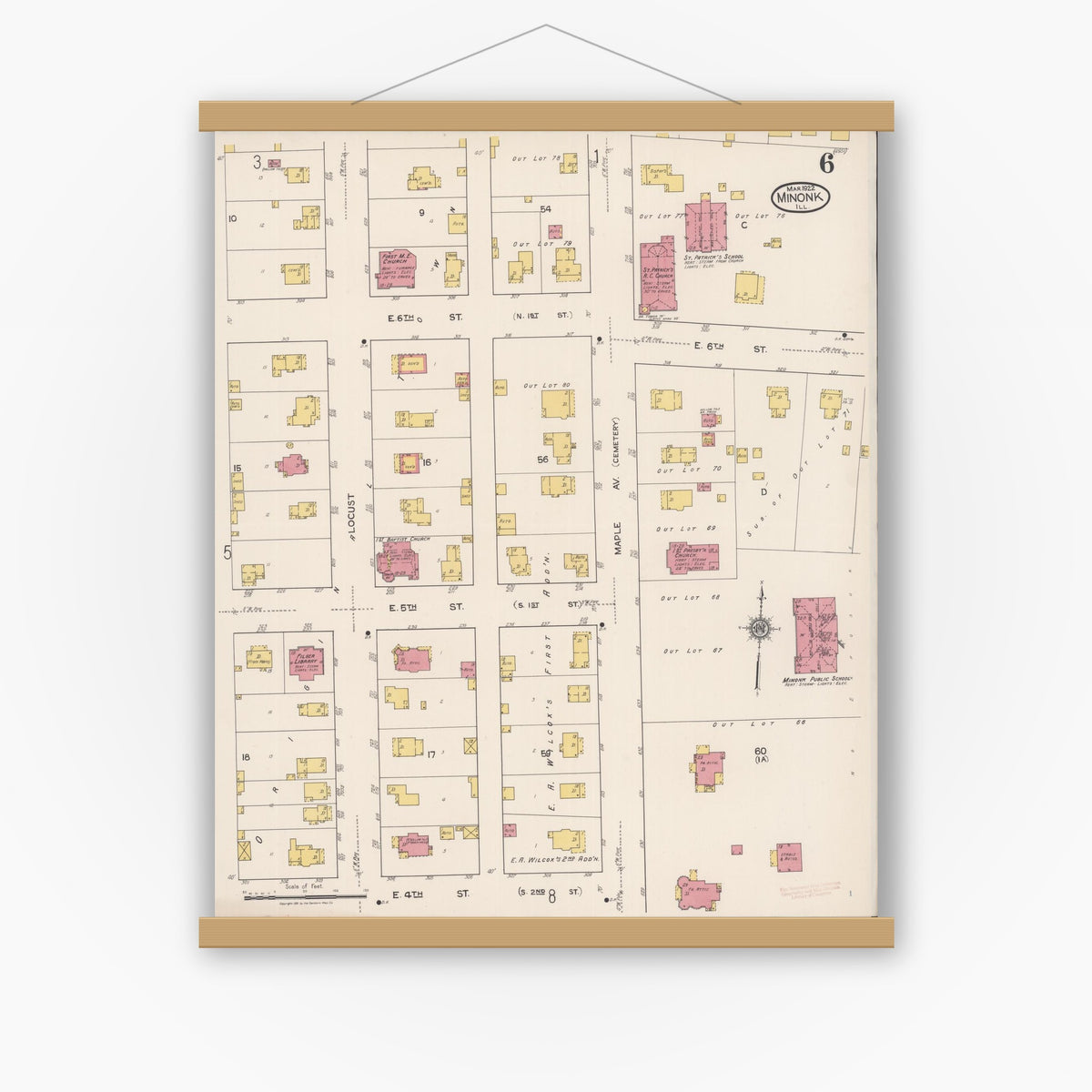 Old map wall art mockup — magnetic wood frame on white wall — Sanborn Fire Insurance Map from Minonk, Woodford County, Illinois (1922), Sheet #0006