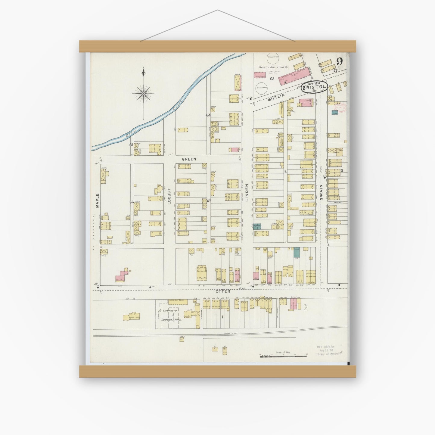 Old map wall art mockup — magnetic wood frame on white wall — Sanborn Fire Insurance Map from Bristol, Bucks County, Pennsylvania (1894), Sheet #0009