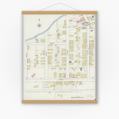 Old map wall art mockup — magnetic wood frame on white wall — Sanborn Fire Insurance Map from Bristol, Bucks County, Pennsylvania (1894), Sheet #0009