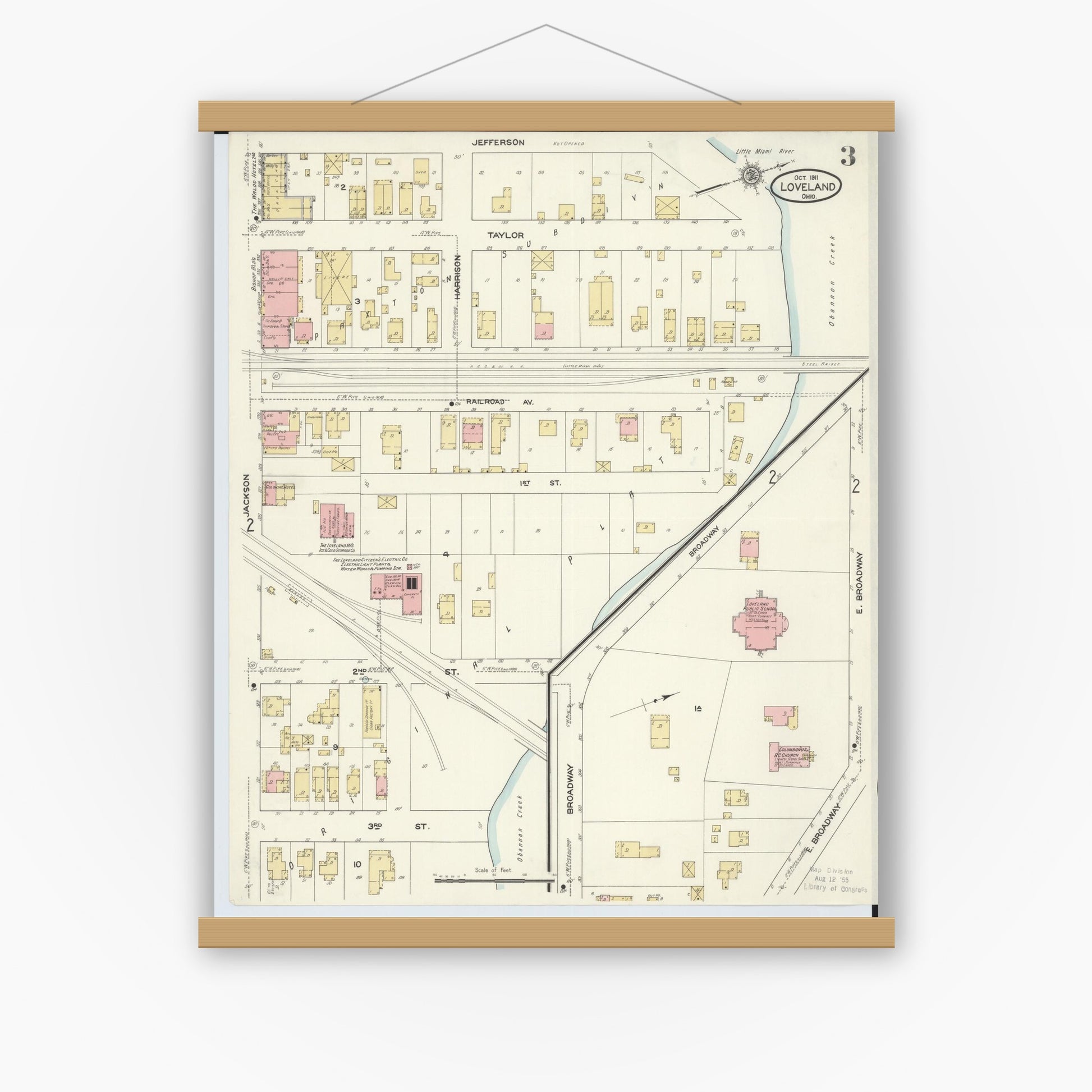 Old map wall art mockup — magnetic wood frame on white wall — Sanborn Fire Insurance Map from Loveland, Clermont, Hamilton, And Warren County, Ohio (1911), Sheet #0003
