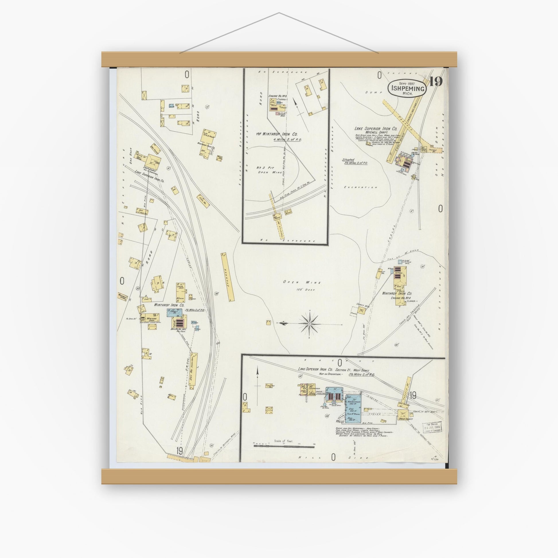 Old map wall art mockup — magnetic wood frame on white wall — Sanborn Fire Insurance Map from Ishpeming, Marquette County, Michigan (1897), Sheet #0019