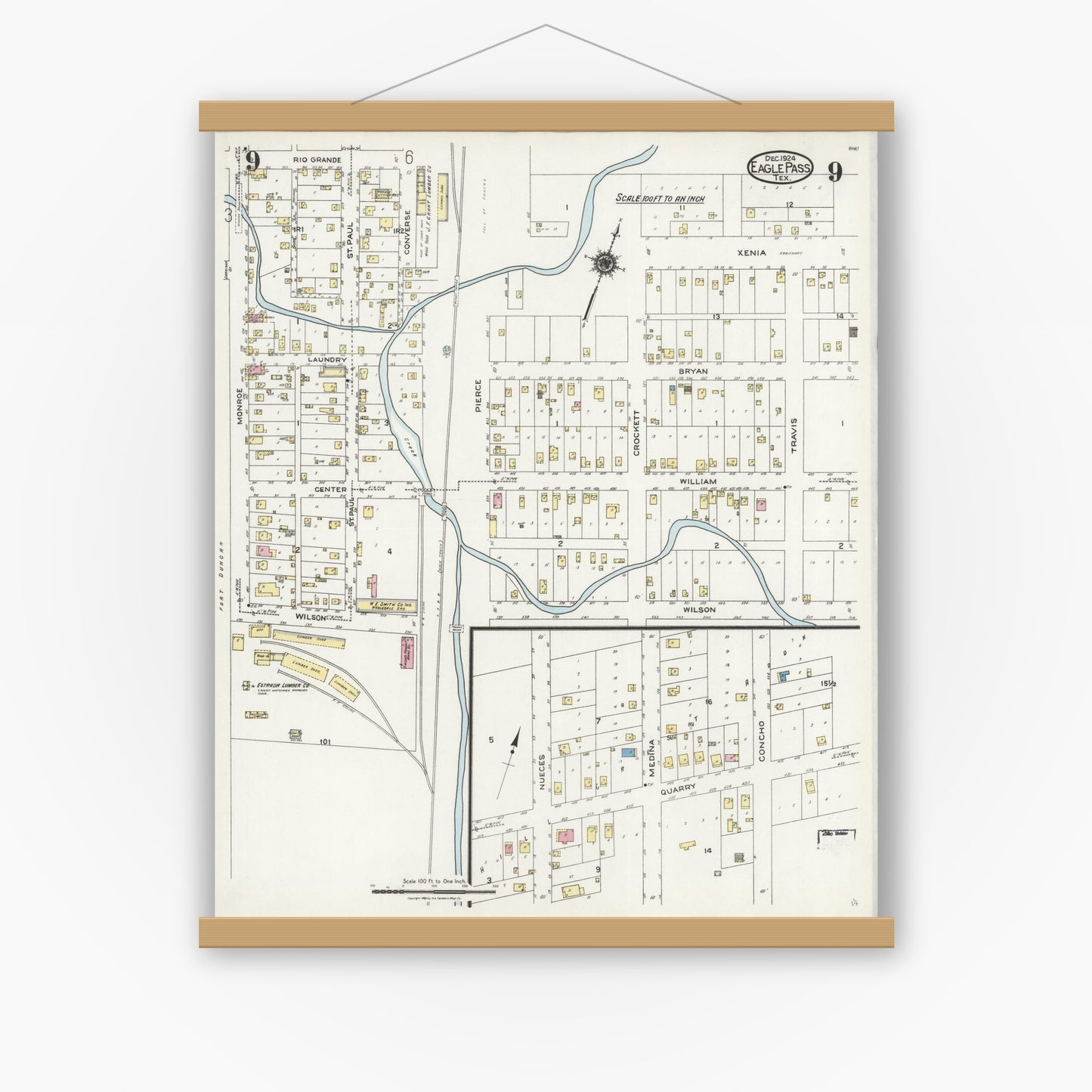 Old map wall art mockup — magnetic wood frame on white wall — Sanborn Fire Insurance Map from Eagle Pass, Maverick County, Texas (1924), Sheet #0009