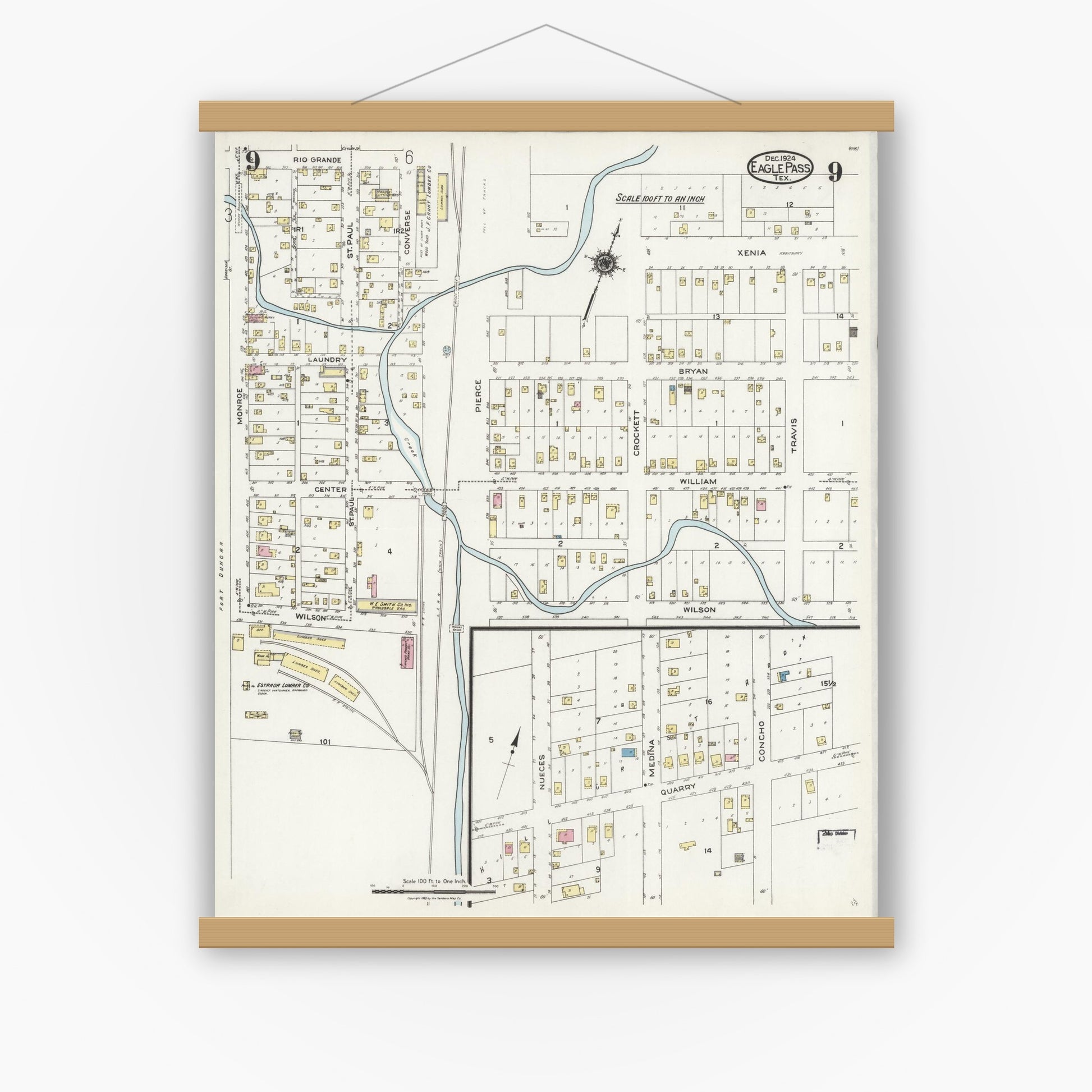 Old map wall art mockup — magnetic wood frame on white wall — Sanborn Fire Insurance Map from Eagle Pass, Maverick County, Texas (1924), Sheet #0009