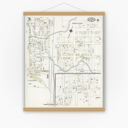 Old map wall art mockup — magnetic wood frame on white wall — Sanborn Fire Insurance Map from Eagle Pass, Maverick County, Texas (1924), Sheet #0009