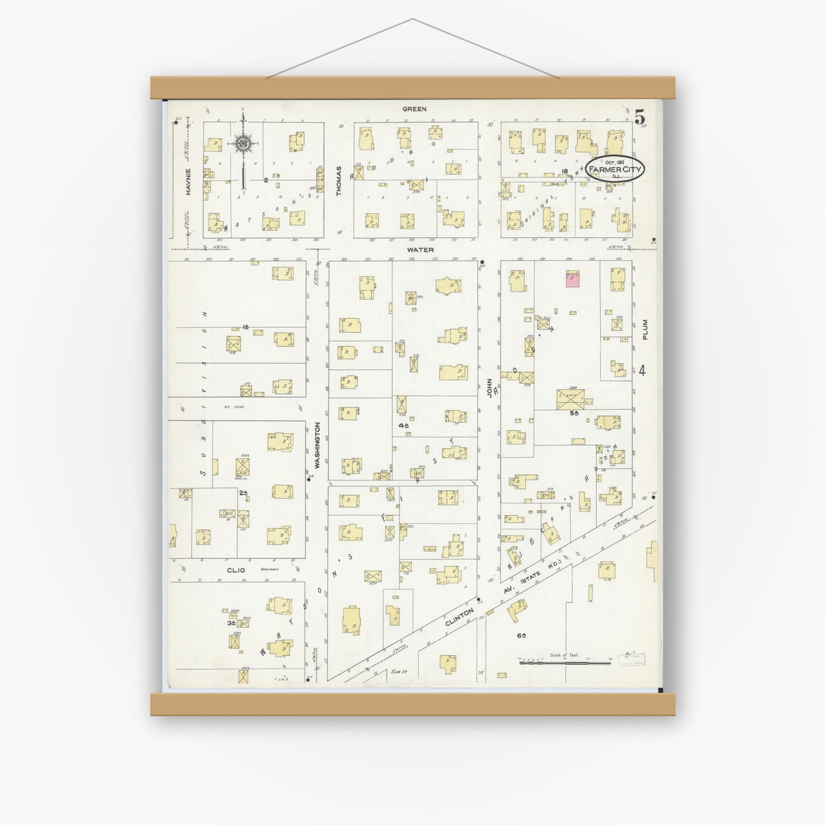 Old map wall art mockup — magnetic wood frame on white wall — Sanborn Fire Insurance Map from Farmer City, De Witt County, Illinois (1911), Sheet #0005