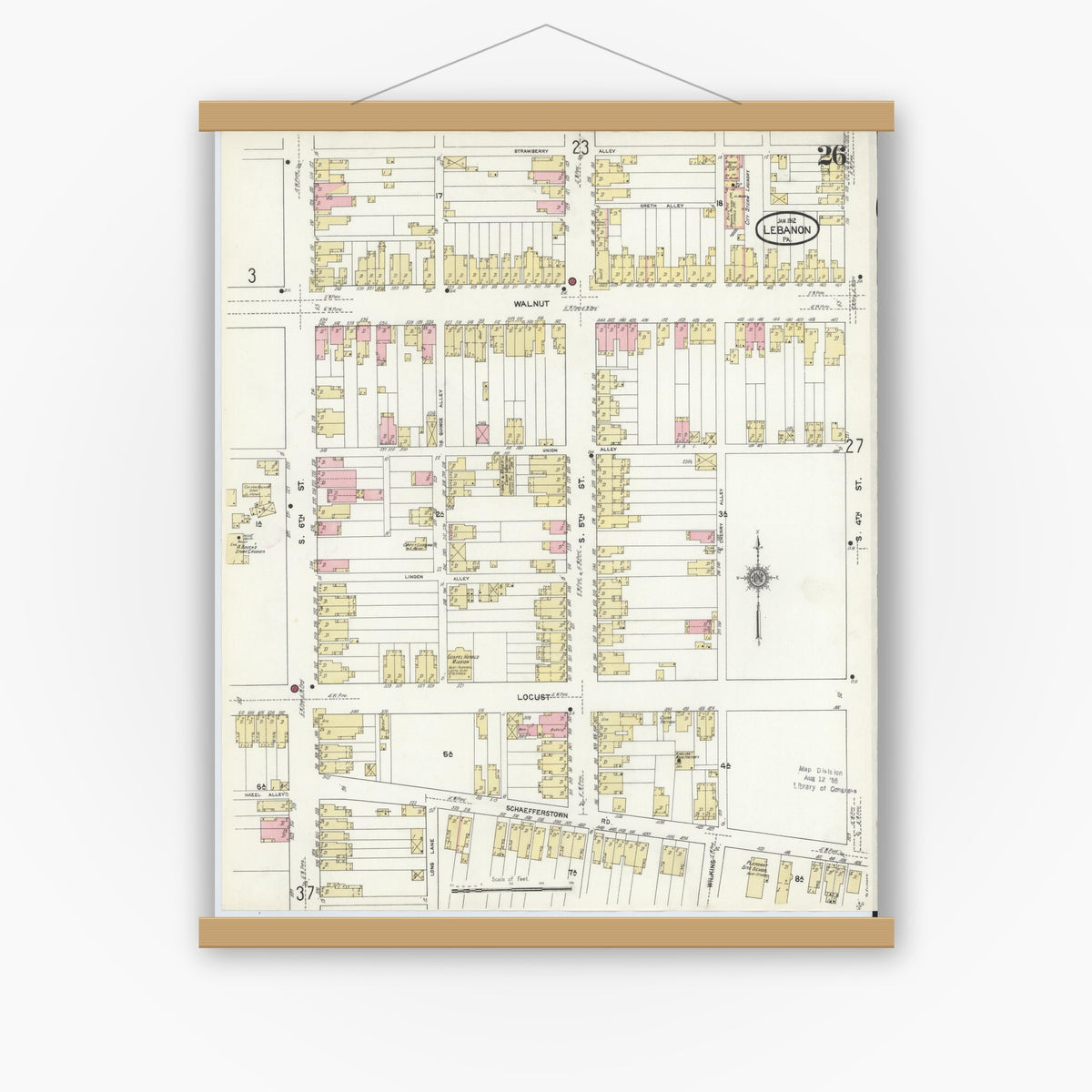 Old map wall art mockup — magnetic wood frame on white wall — Sanborn Fire Insurance Map from Lebanon, Lebanon County, Pennsylvania (1912), Sheet #0026