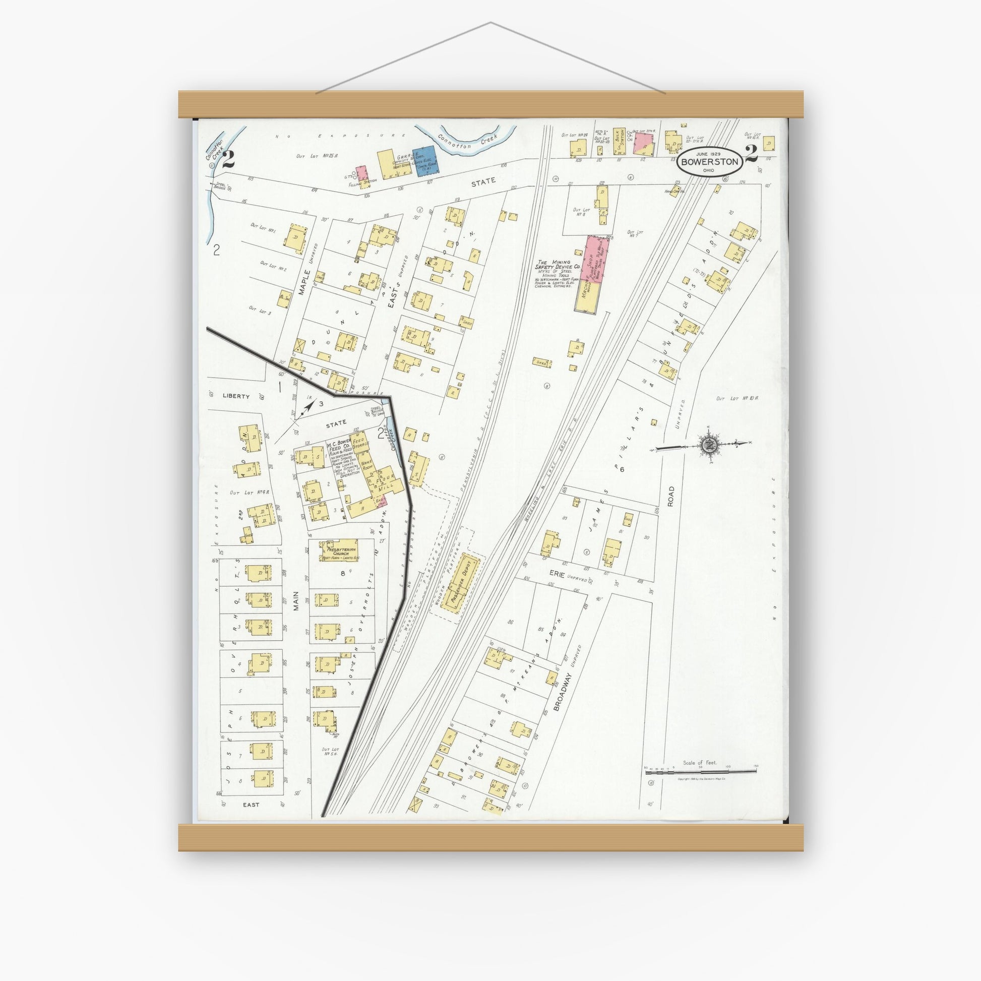 Old map wall art mockup — magnetic wood frame on white wall — Sanborn Fire Insurance Map from Bowerston, Harrison County, Ohio (1929), Sheet #0002
