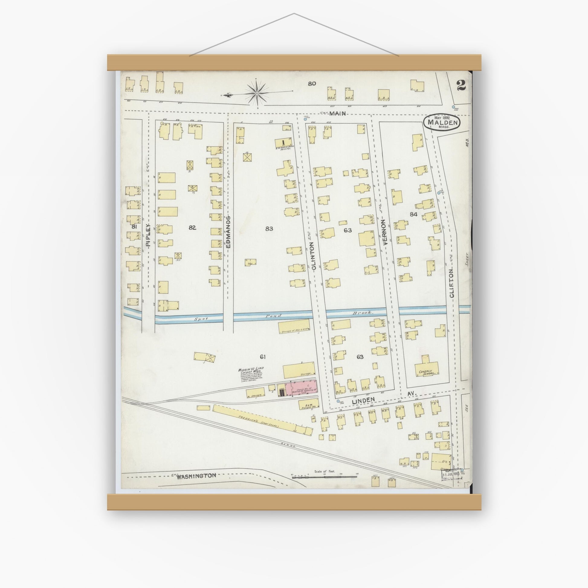 Old map wall art mockup — magnetic wood frame on white wall — Sanborn Fire Insurance Map from Malden, Middlesex County, Massachusetts (1892), Sheet #0002