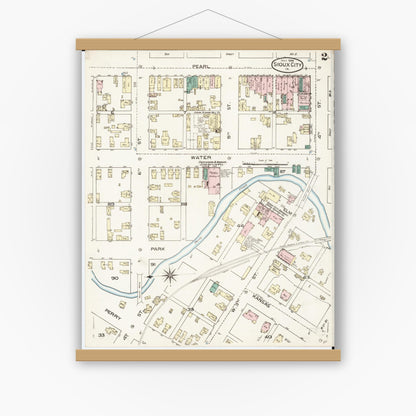 Old map wall art mockup — magnetic wood frame on white wall — Sanborn Fire Insurance Map from Sioux City, Woodbury County, Iowa (1886), Sheet #0002