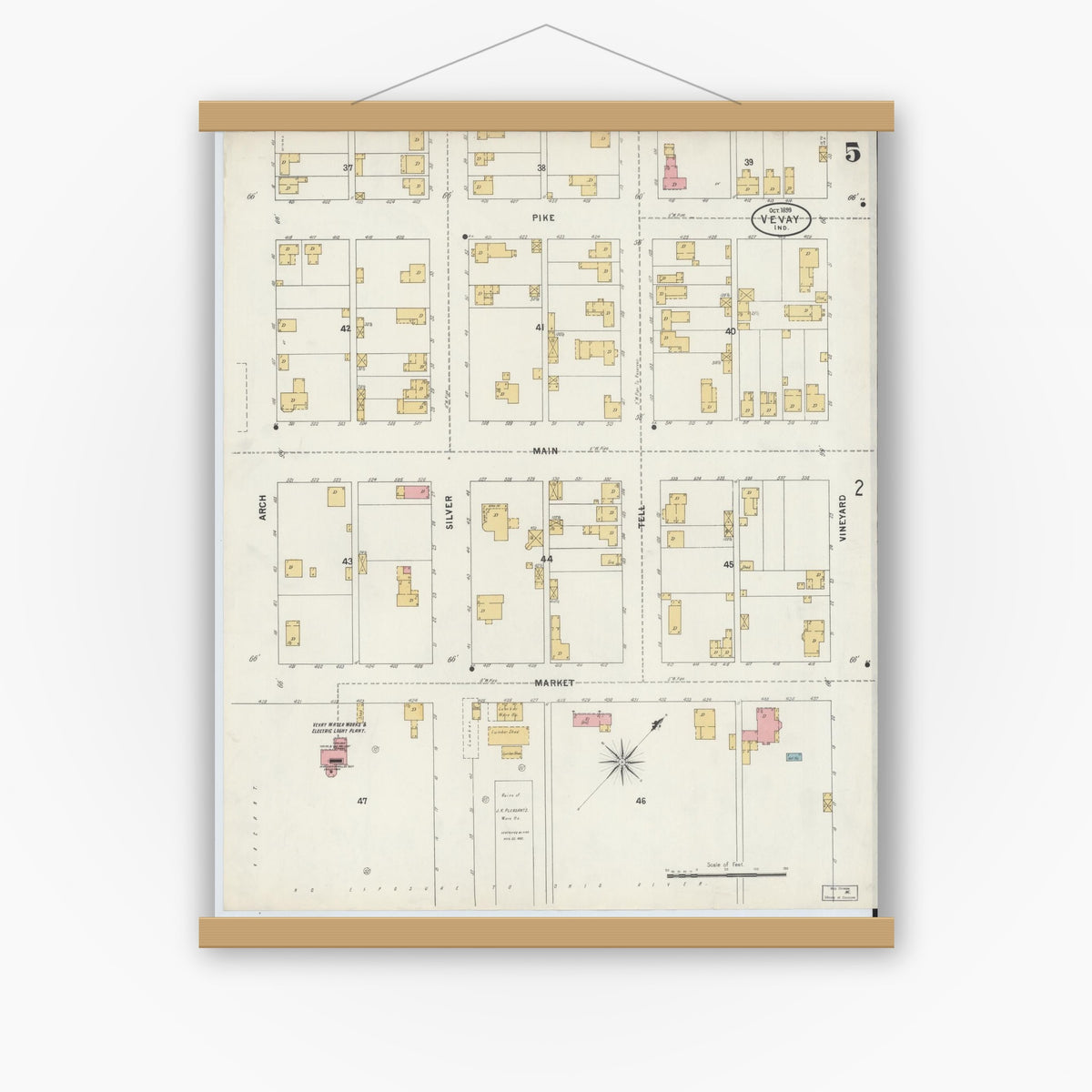 Old map wall art mockup — magnetic wood frame on white wall — Sanborn Fire Insurance Map from Vevay, Switzerland County, Indiana (1899), Sheet #0005