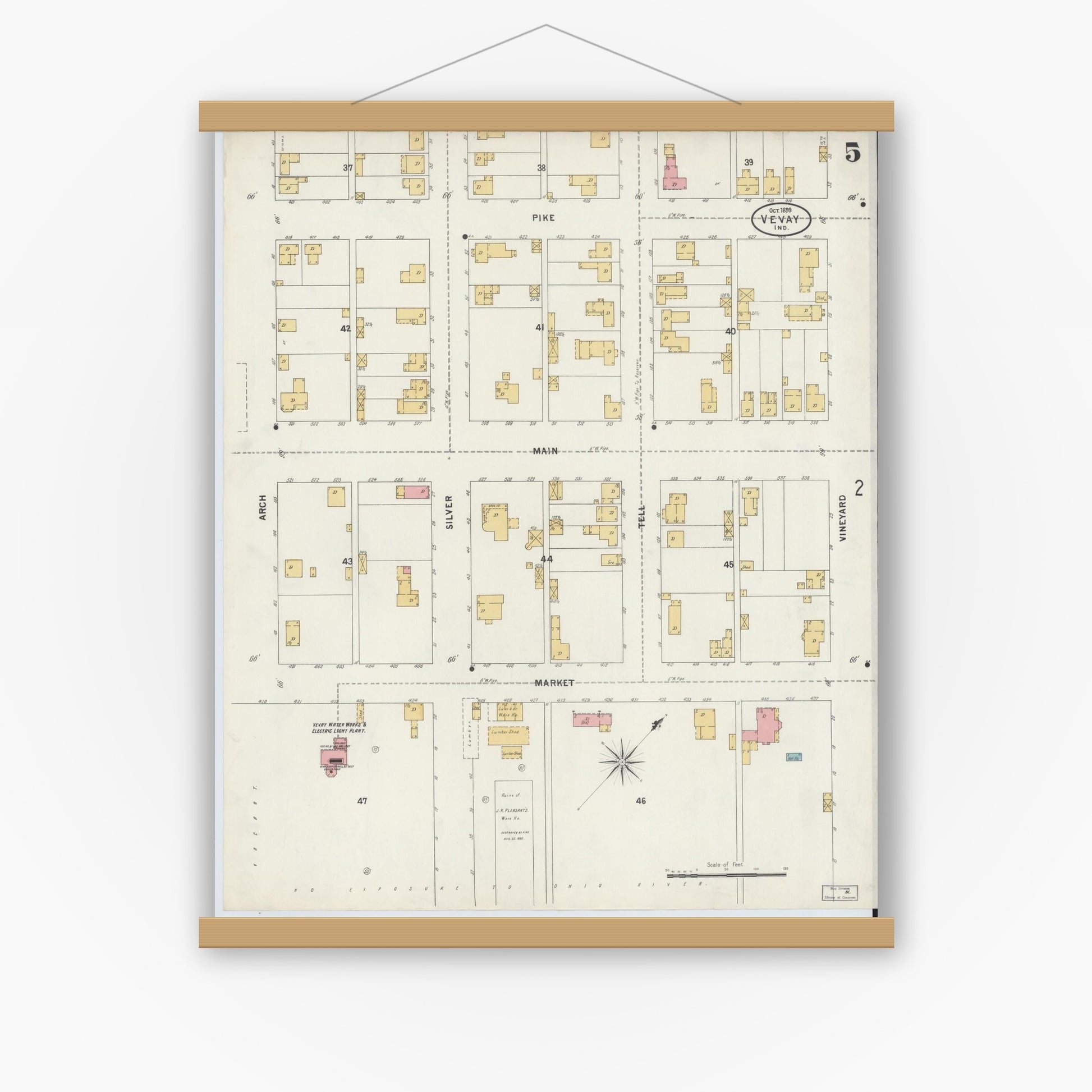 Old map wall art mockup — magnetic wood frame on white wall — Sanborn Fire Insurance Map from Vevay, Switzerland County, Indiana (1899), Sheet #0005